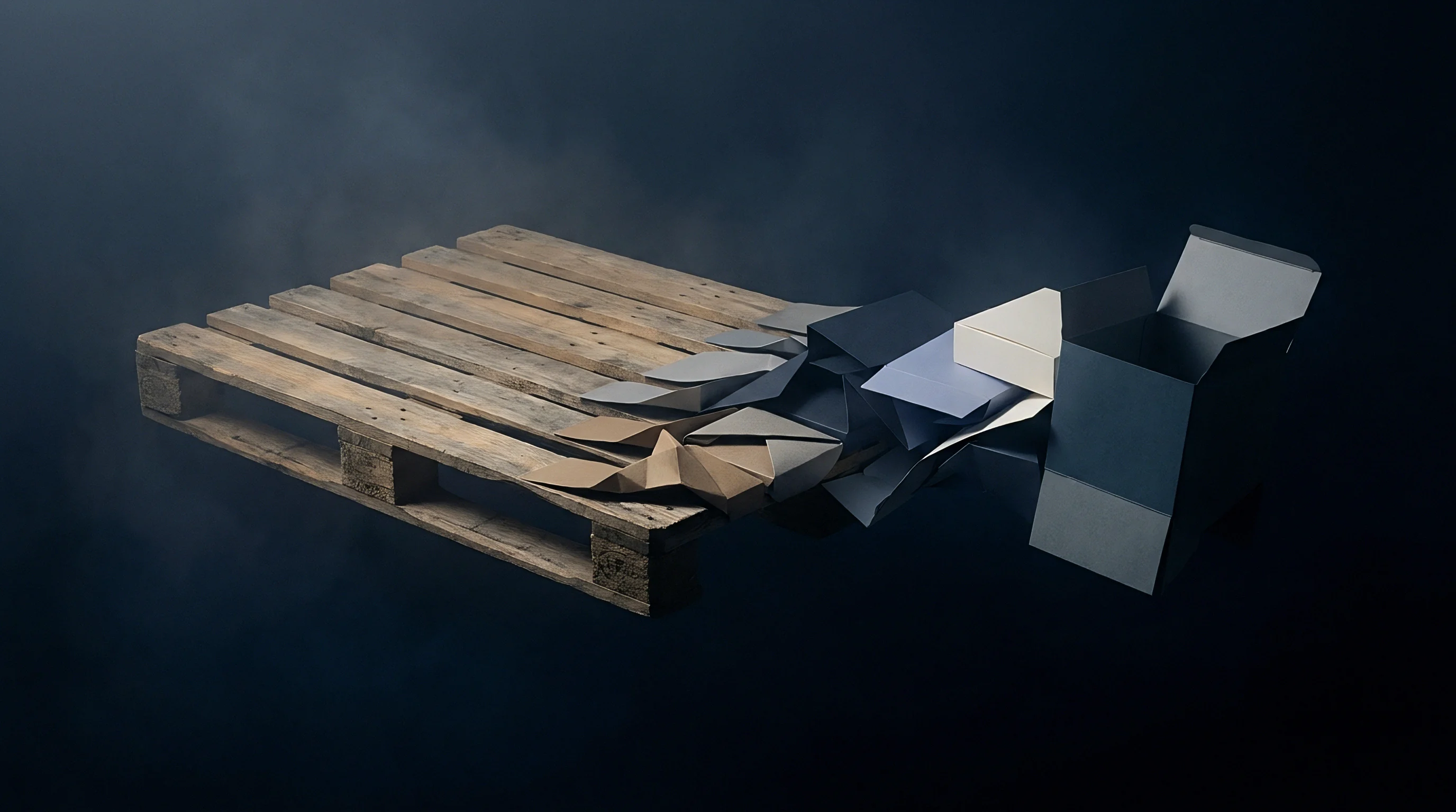 A wooden pallet on a dark surface transitions into a series of folded paperboard elements and finished packaging boxes.
