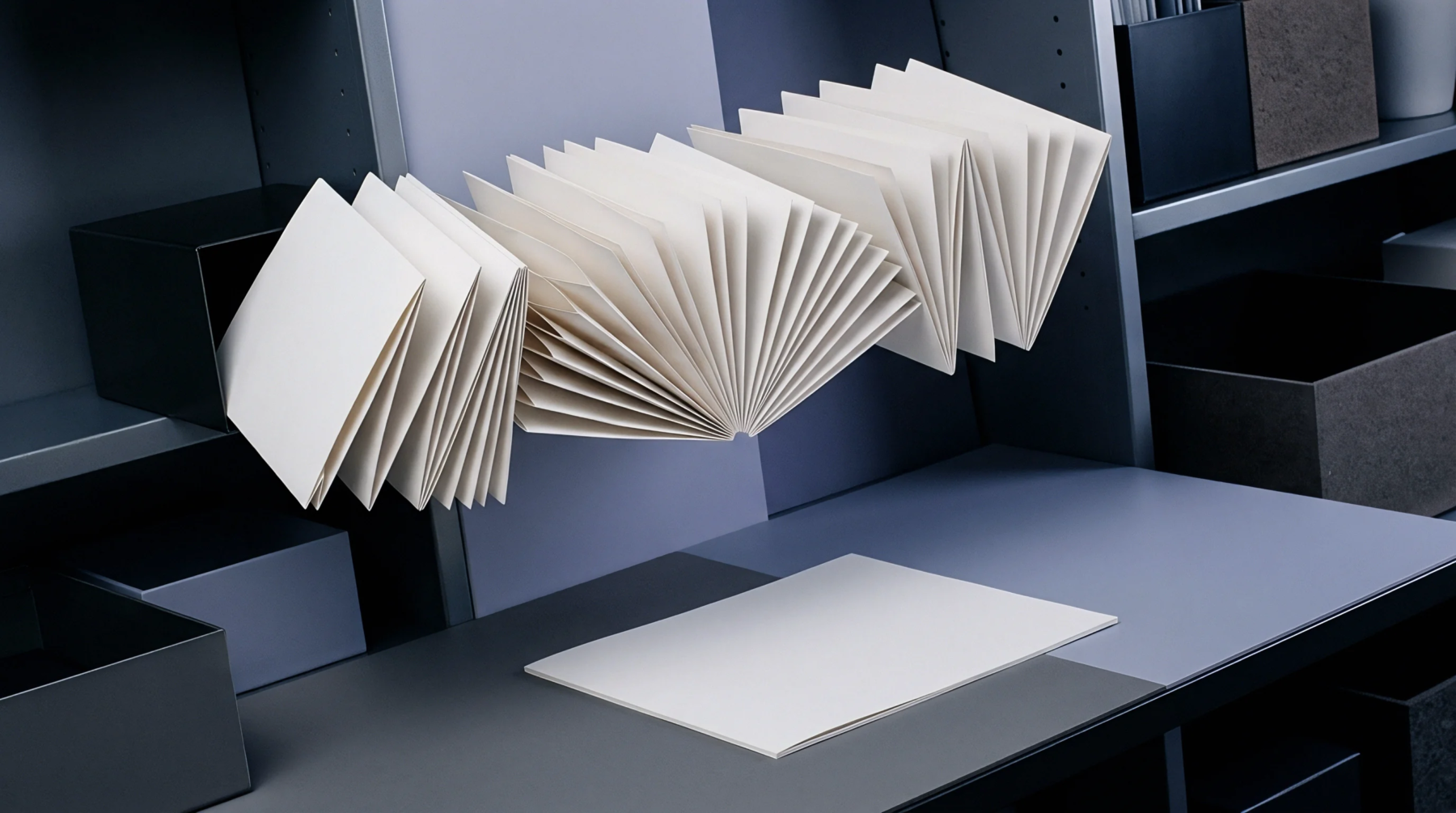 A digital render displays an accordion folded sheet of thick white paperboard extending from a dark gray storage box on a desk.