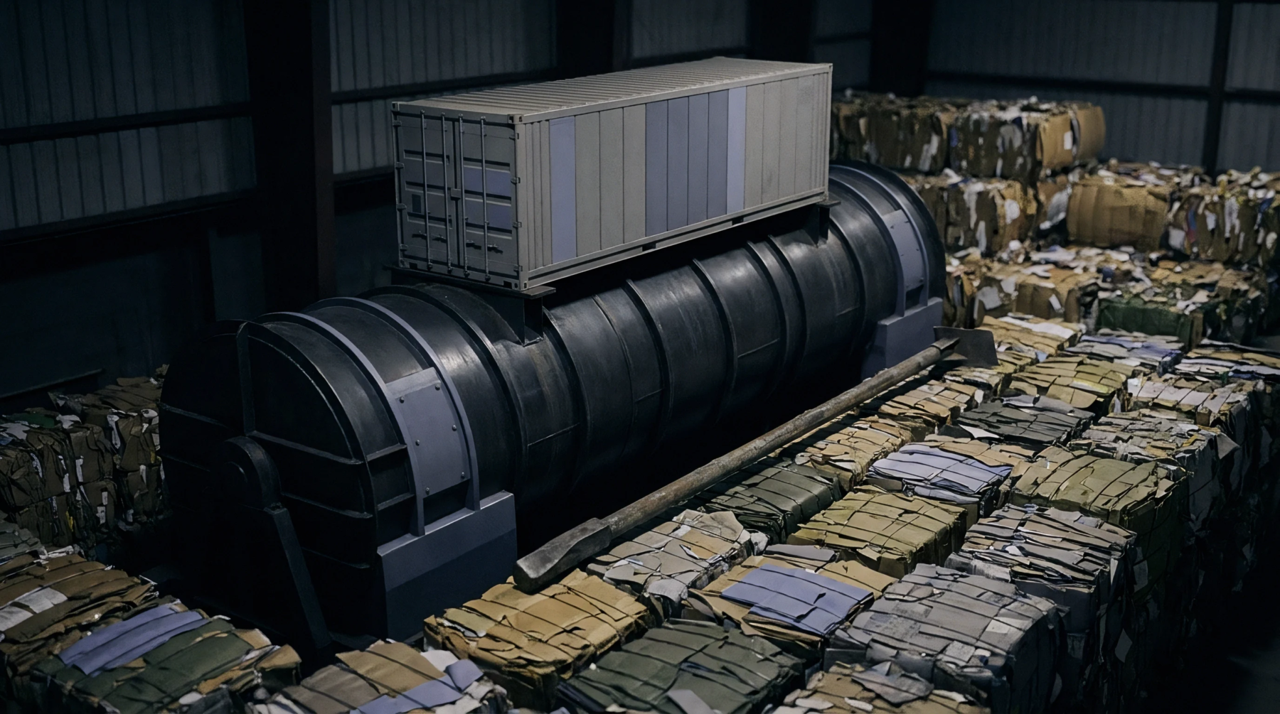 Industrial machinery is seen compressing large stacks of baled corrugated cardboard within a production facility.