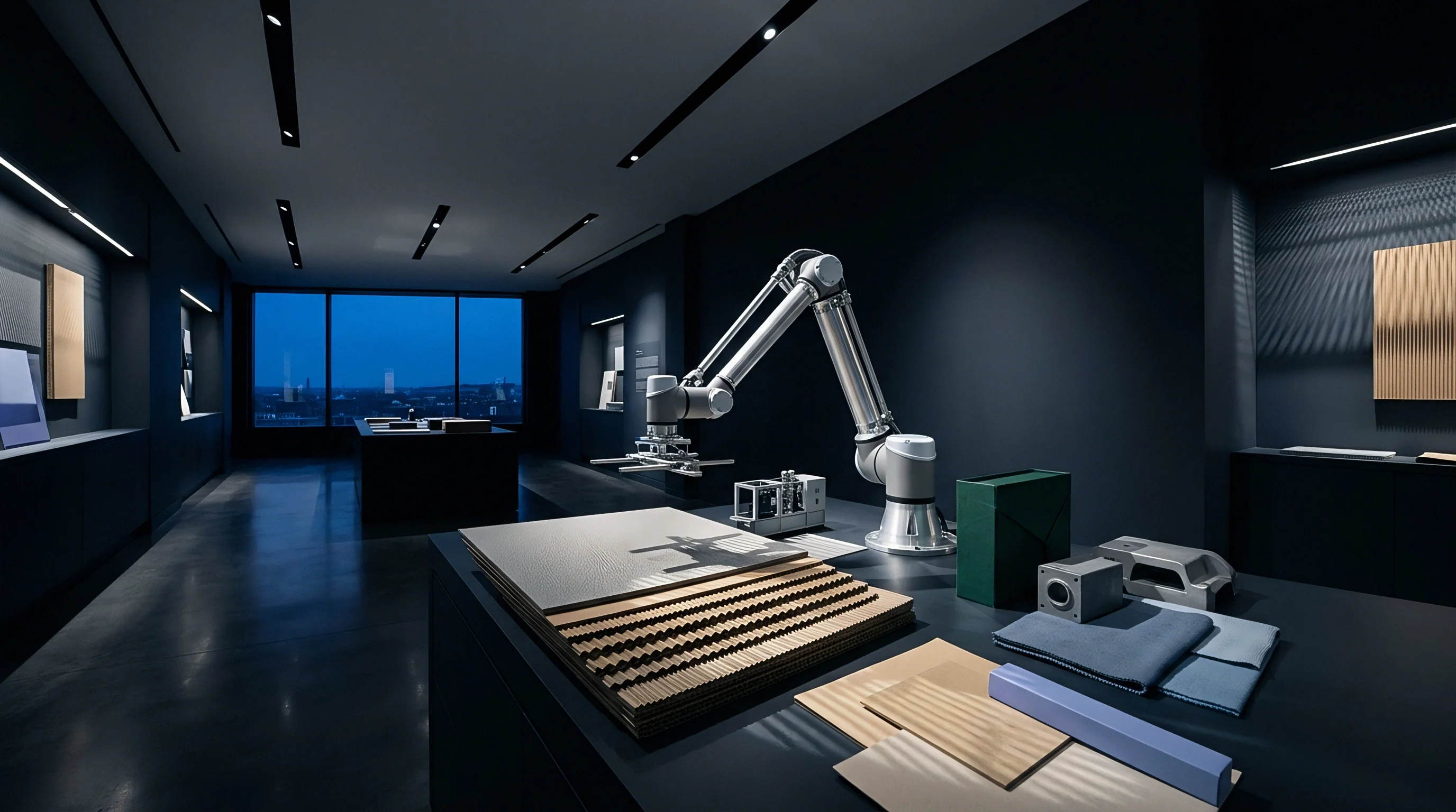 A contemporary design studio interior displays various substrates and material samples alongside a robotic arm system.