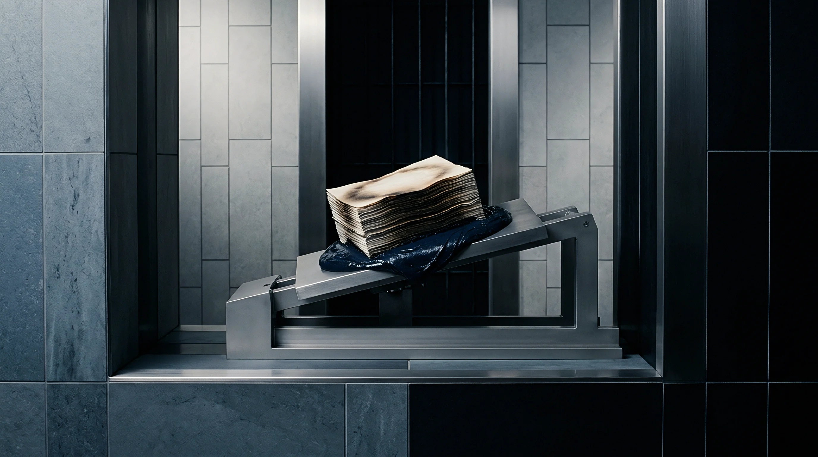 A stack of aged and partially burnt paper substrate rests on a slanted metal apparatus, coated by a dark viscous substance in a tiled industrial setting.