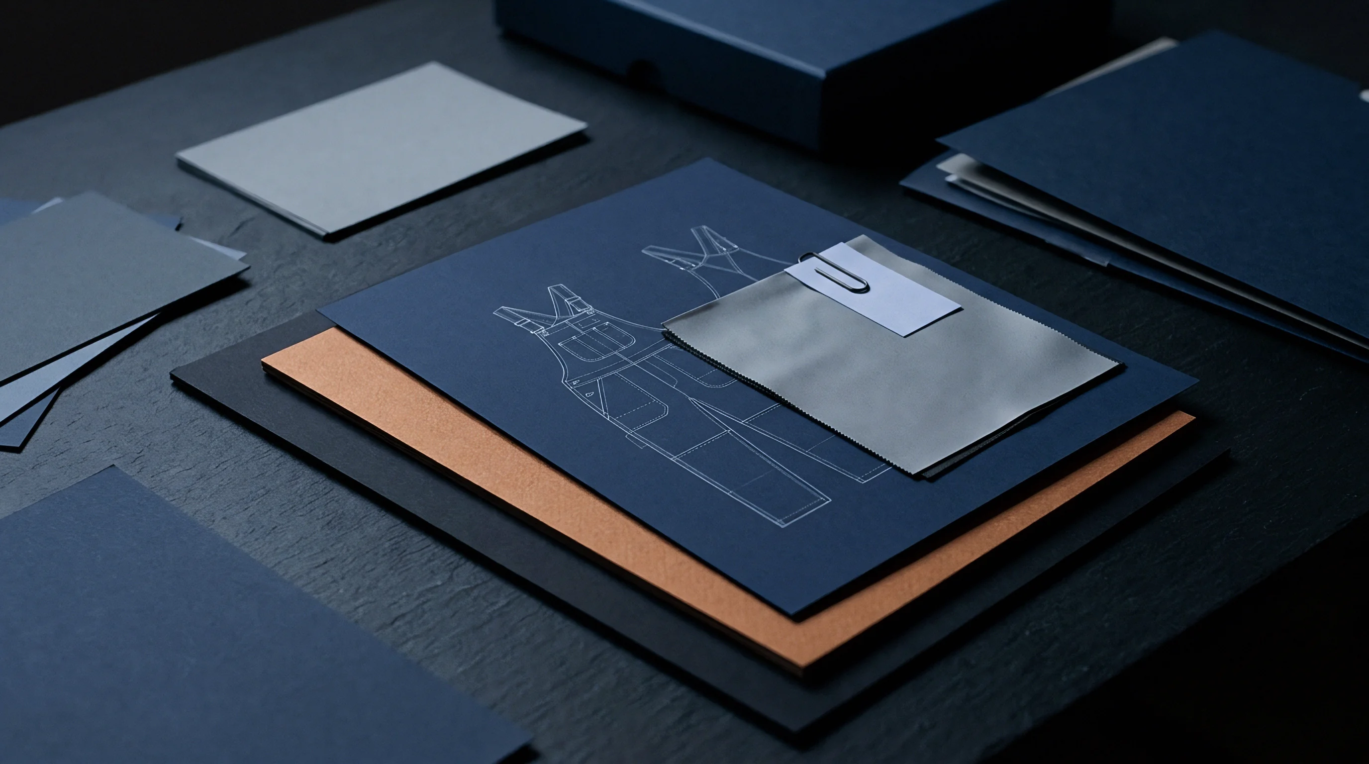 A technical garment illustration printed on dark blue card stock sits beneath overlapping paper samples and professional print finishing material on a desk surface.