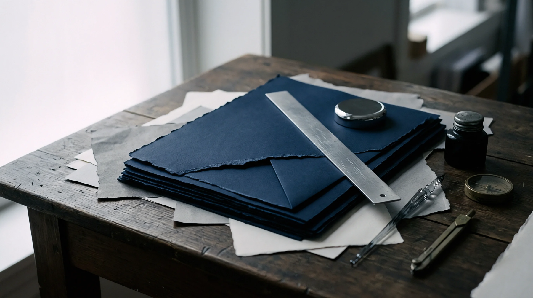 Heavy indigo handmade paper sheets featuring deckle edges rest alongside a metal ruler and drafting implements on a dark wooden workbench.