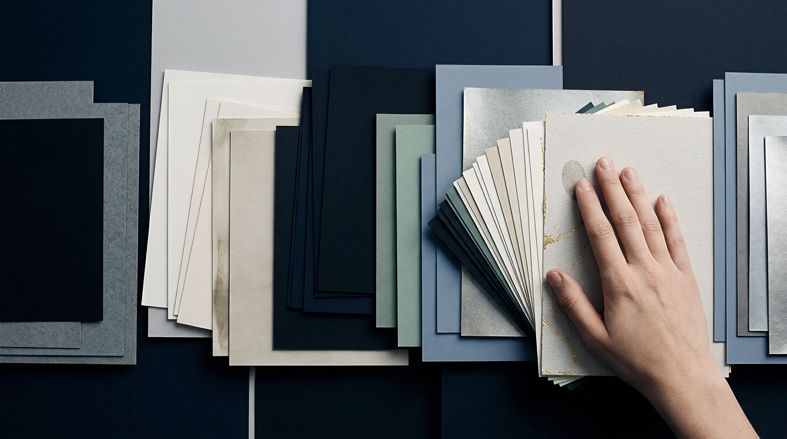 A human hand rests on top of a fanned arrangement of diverse paper swatches in neutral and blue tones.