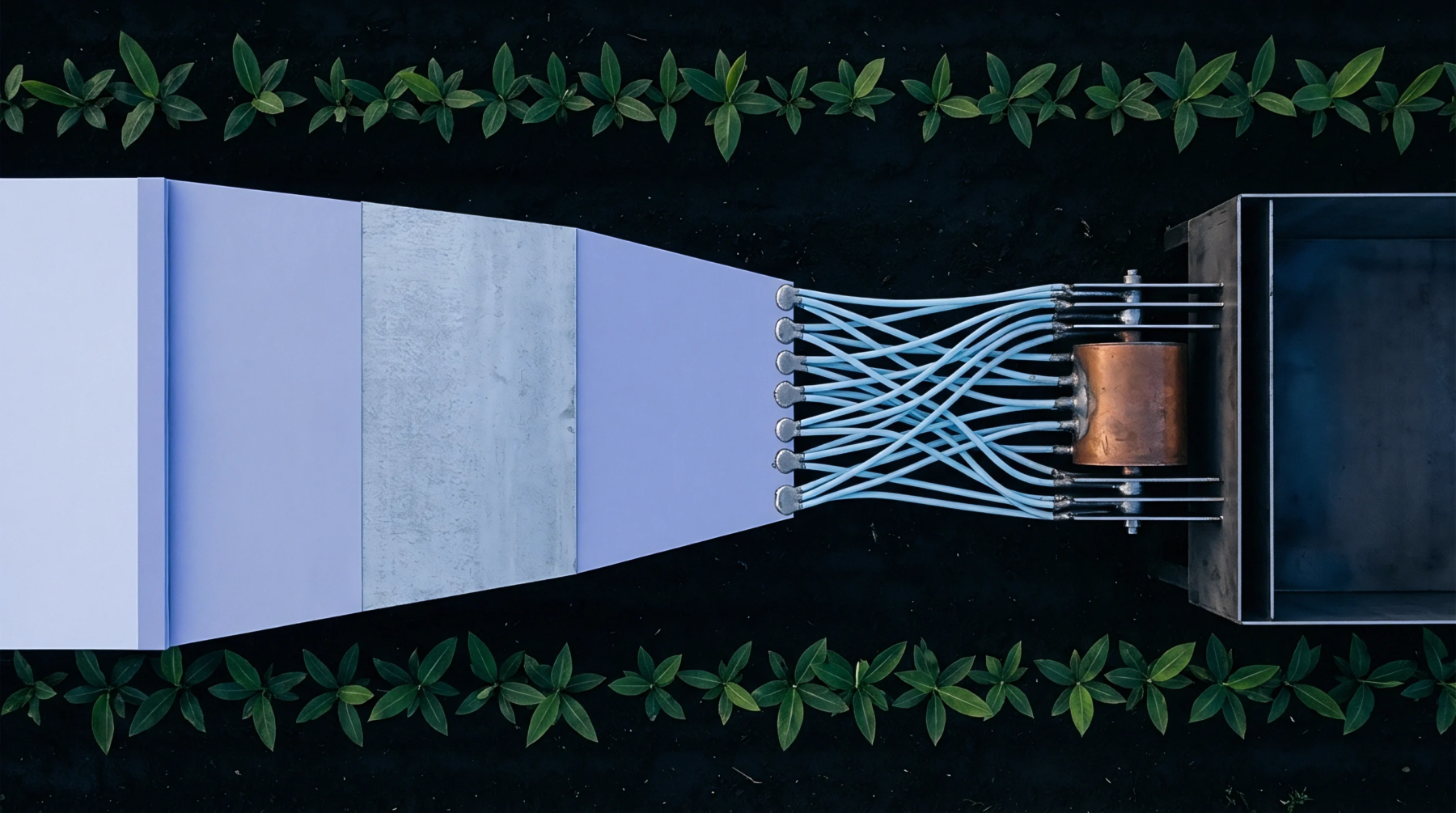 An industrial dispensing apparatus spans a bed of green seedlings while metallic tubes connect the tapered hopper to a cylindrical processing unit.