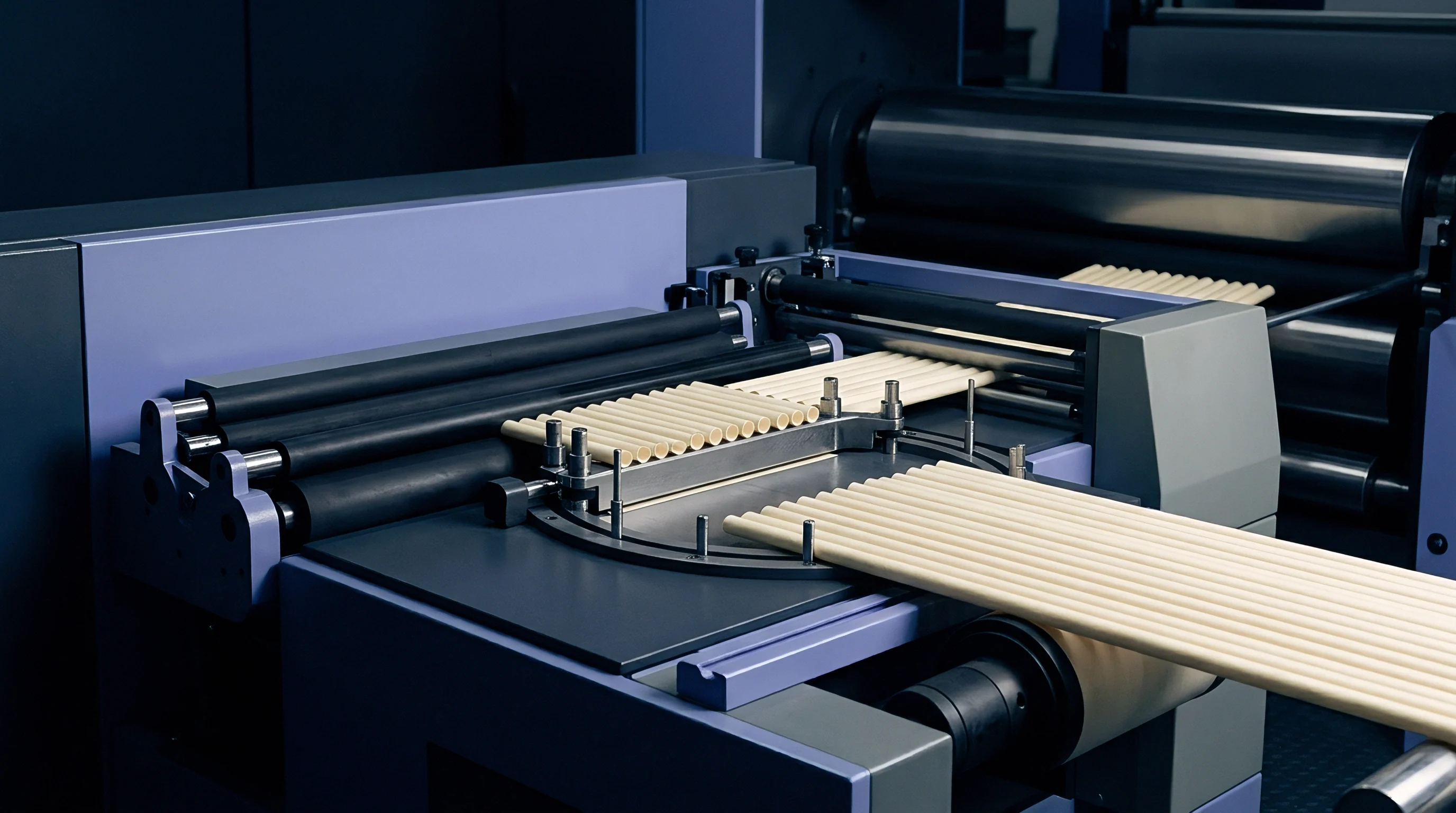 Multiple rows of paper tubes travel through a high precision converting machine for automated packaging assembly on a factory floor.