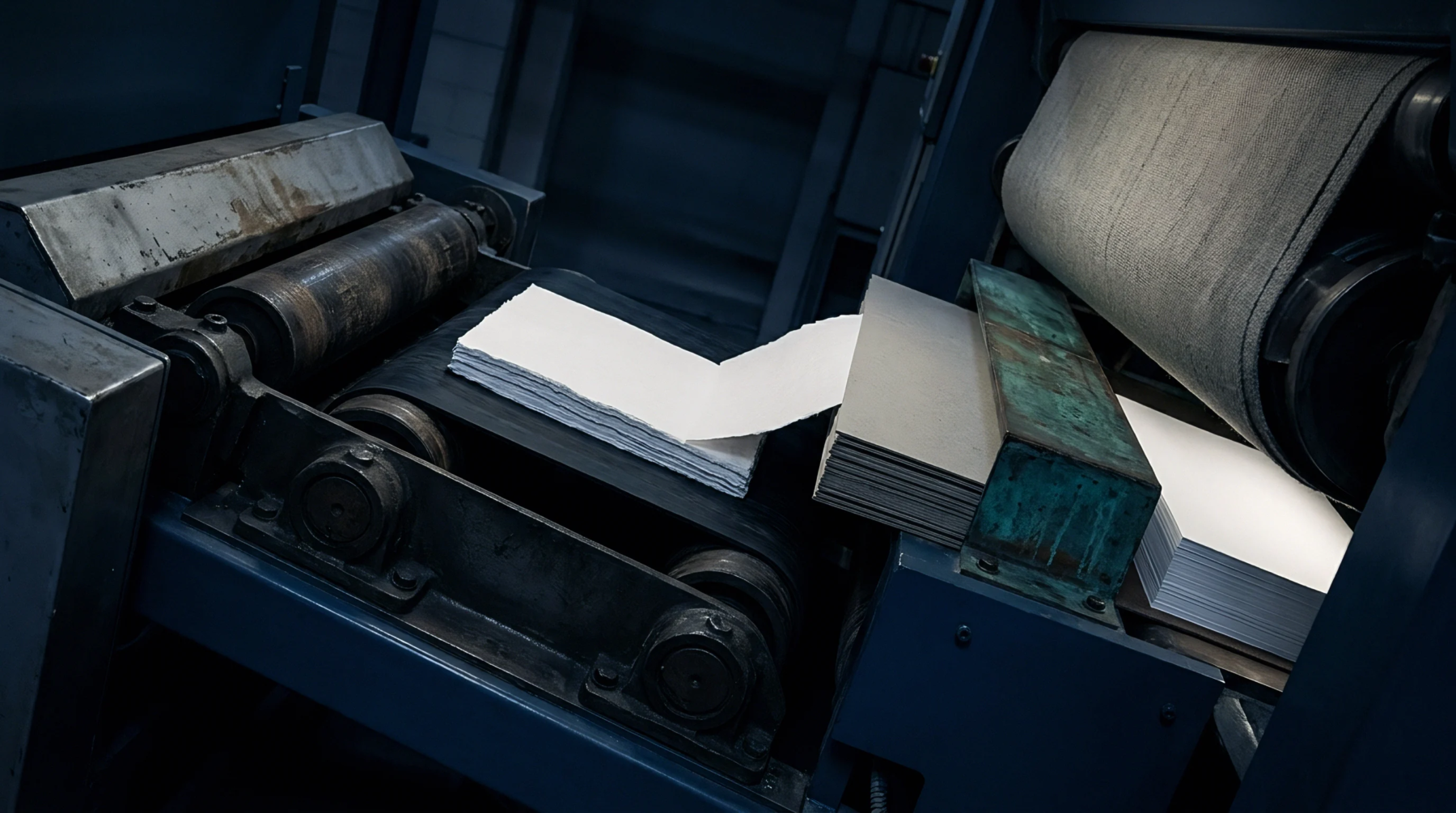 Industrial converting equipment moves stacks of unprinted white paper sheets along a conveyor belt system during automated production operations within a finishing facility.