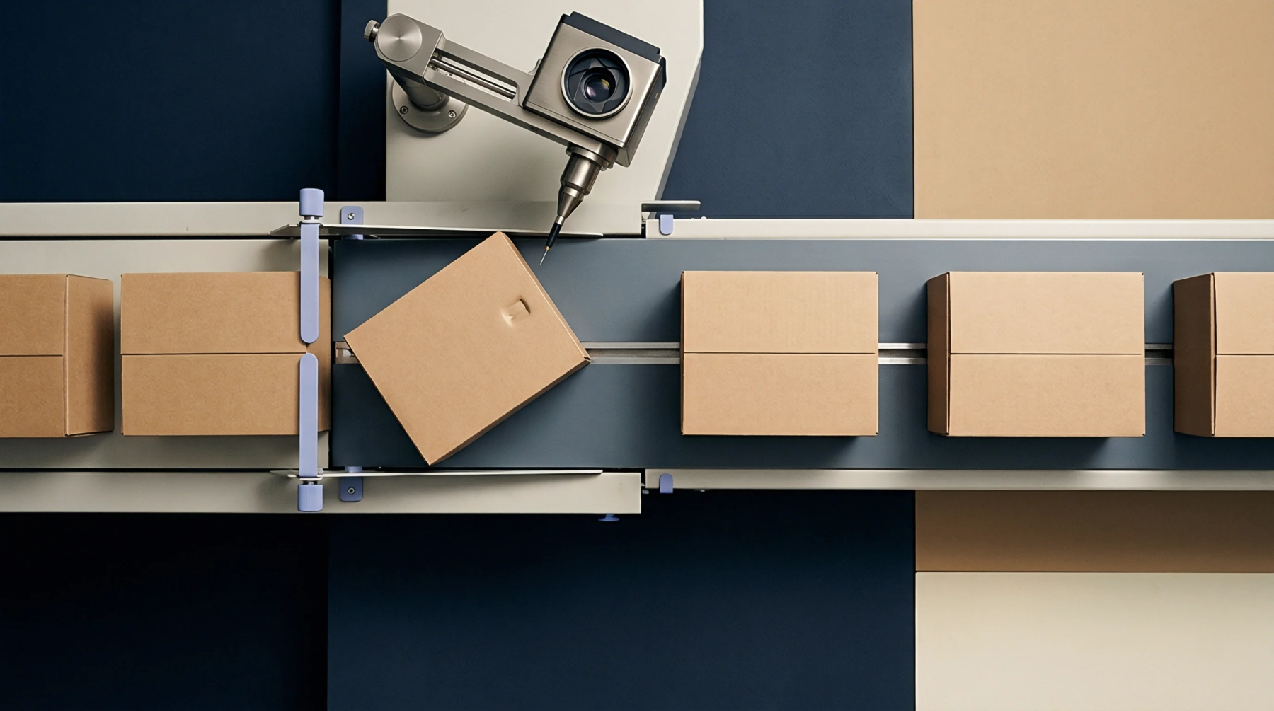 A mechanical optical scanner evaluates uniform brown cardboard cartons on a horizontal grey conveyor system with integrated guide rails and blue panels.