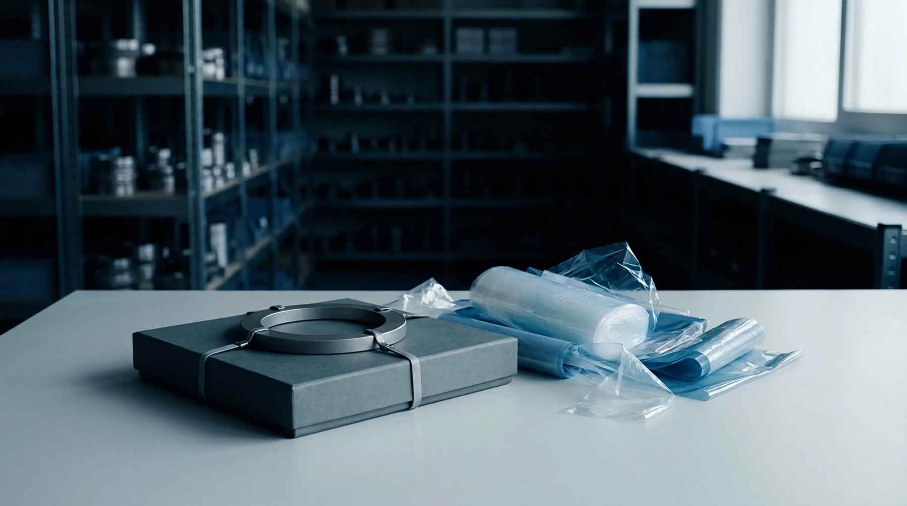 Clear plastic sheeting rolls and a grey protective box with metal banding sit on a white surface in a dimly lit warehouse setting.