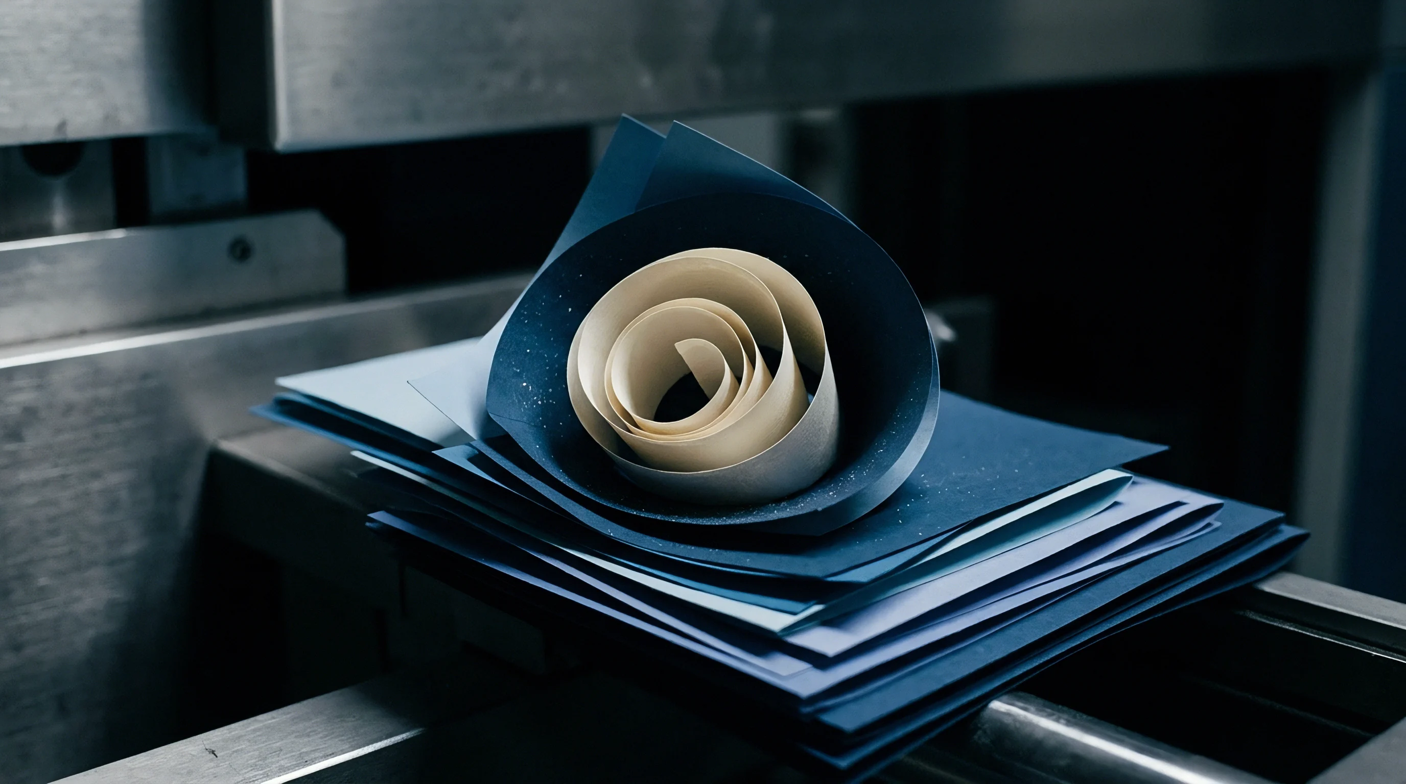 A coiled strip of pale paperboard nested inside blue sheeting rests on a stack of cut paper sheets within industrial metal machinery.