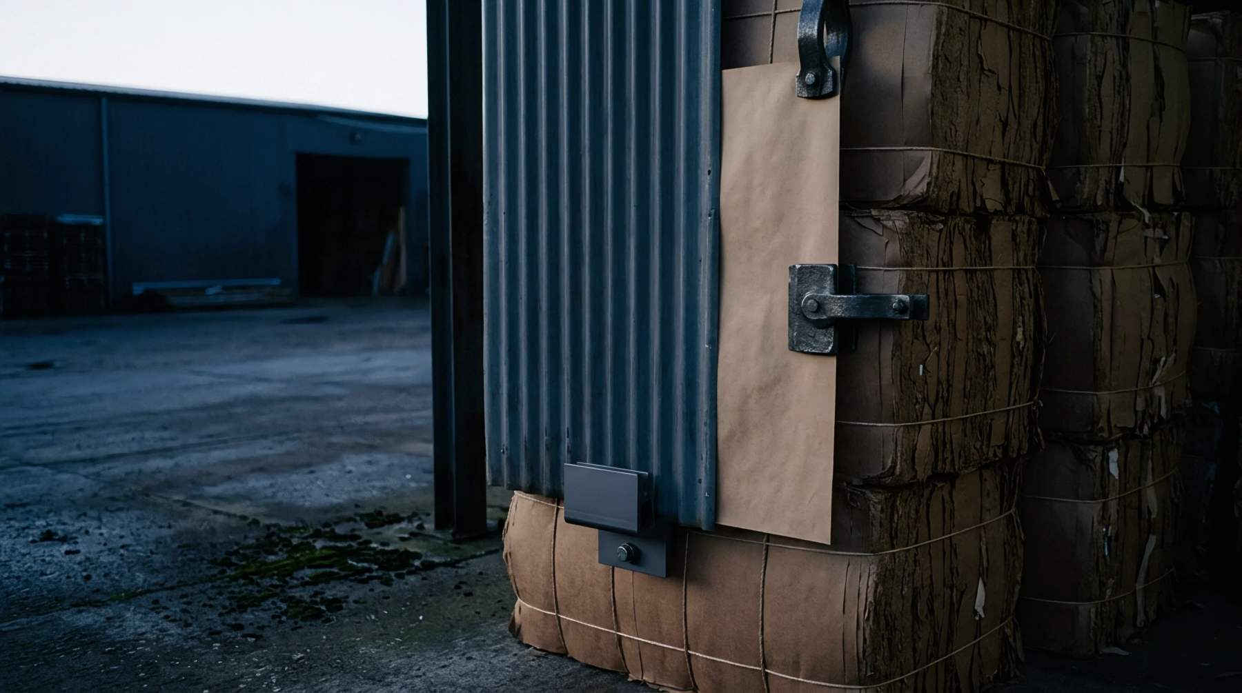 Large rectangular bales of compressed brown cardboard and kraft paper stand vertically stacked outside a dark industrial shed near corrugated metal cladding.