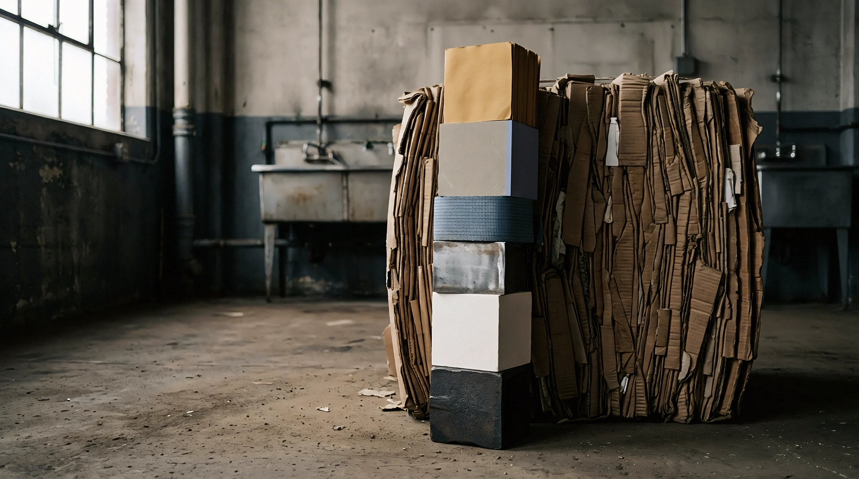 Vertical stack of varied rigid substrate samples stands against a compressed bale of corrugated waste in a warehouse utility space.