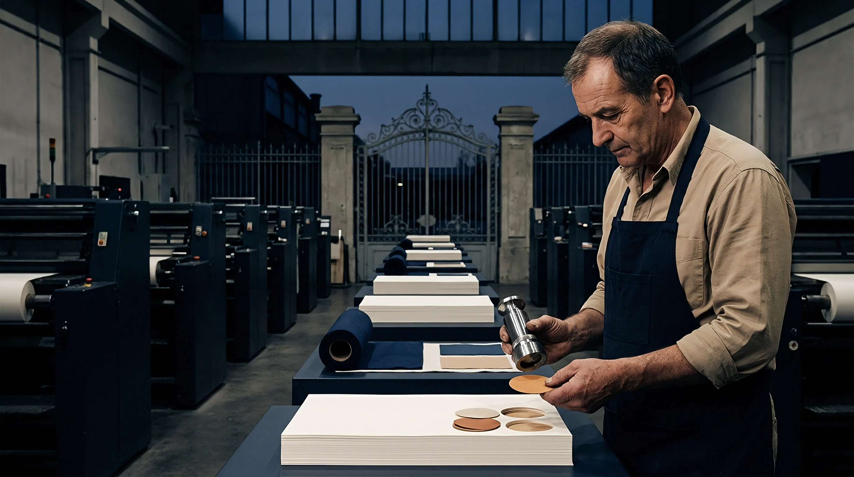 A skilled artisan examines precisely cut circular substrates near stacks of white paper and large industrial machinery in a production hall.