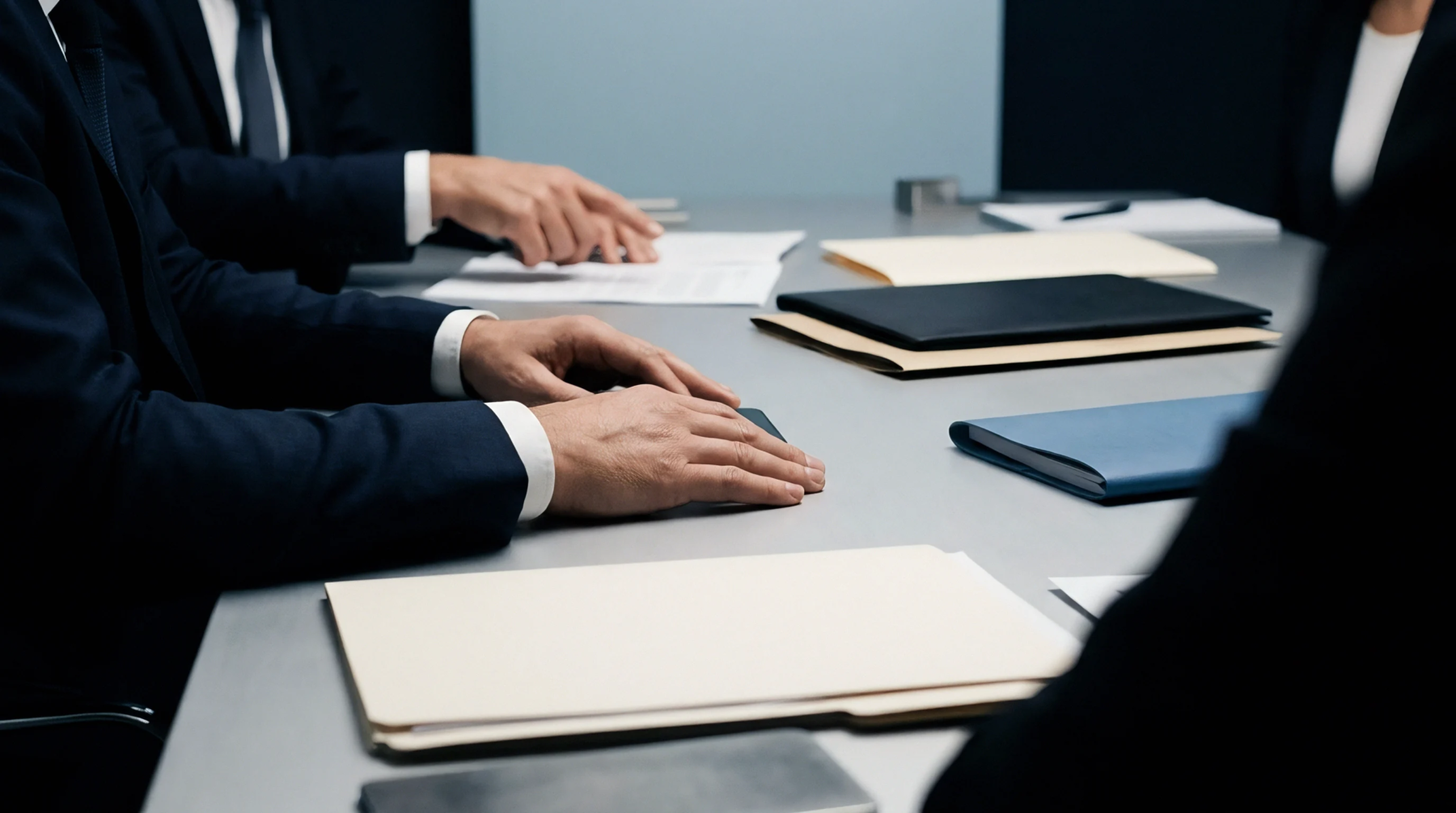 Executives seated at a gray conference table examine stacked paper folders and printed documents alongside bound substrates during a production audit.