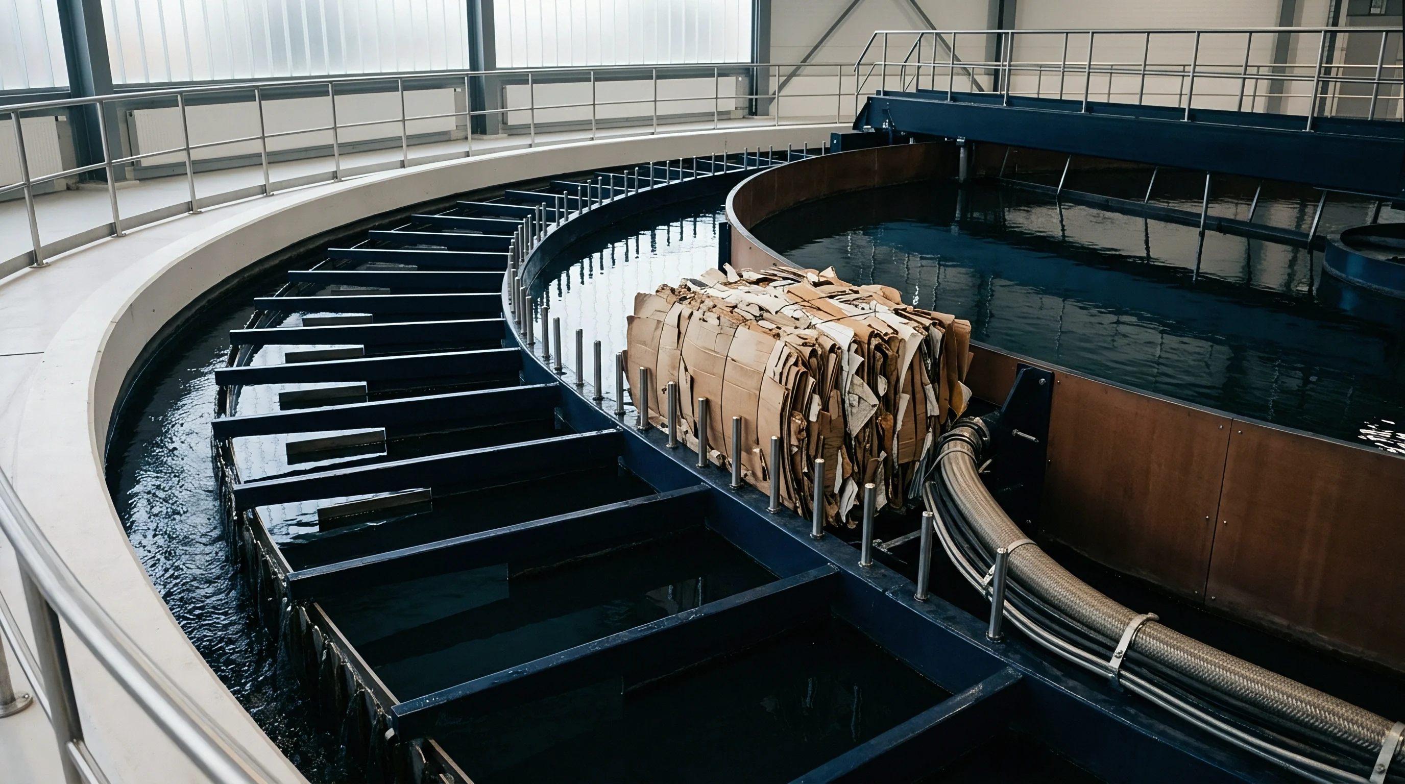 A compressed bale of corrugated cardboard sits beside a large circular water filled hydrapulper inside a modern paper recycling facility.