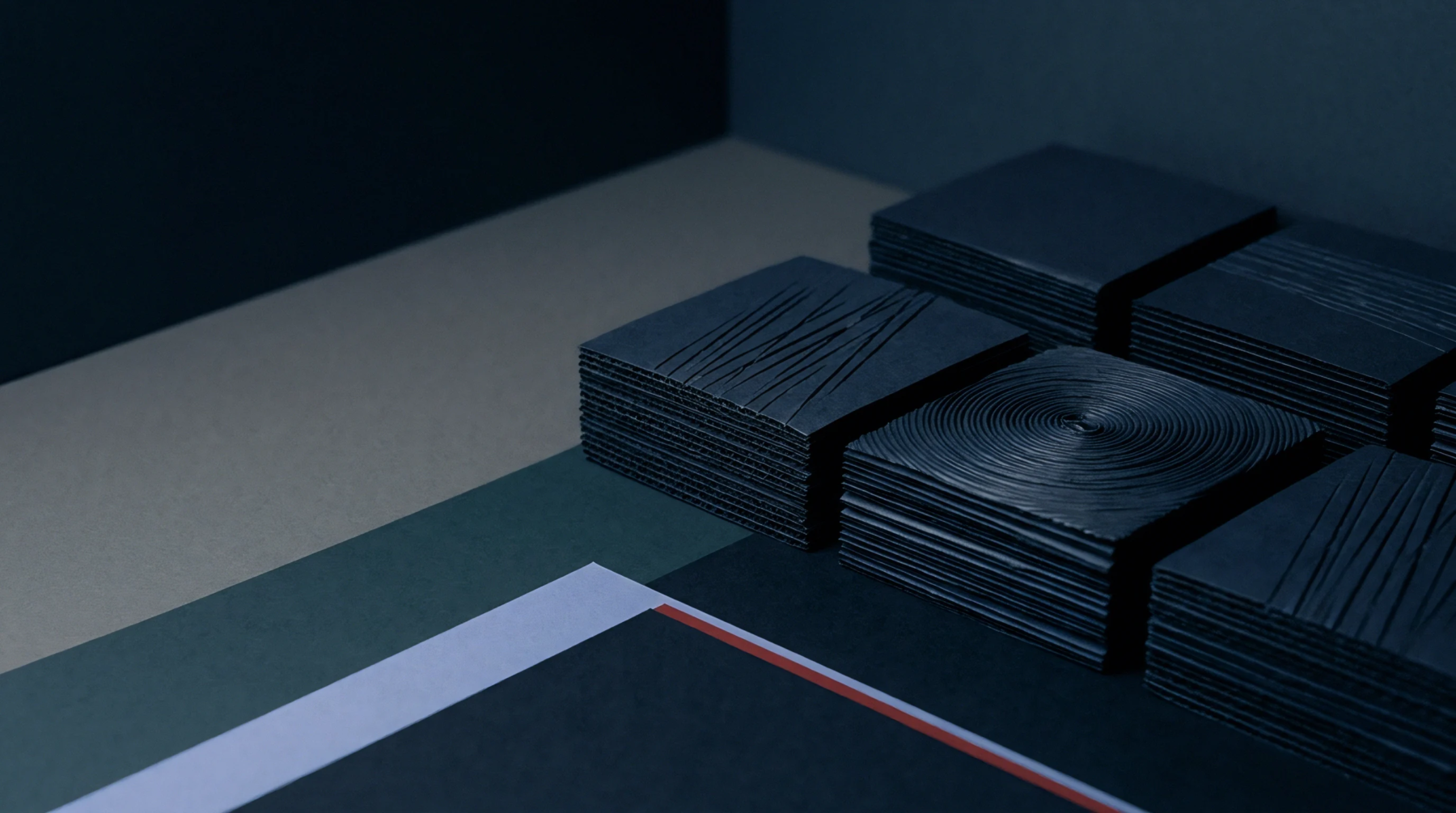 Stacks of dark specialty cardstock feature deep tactile surface patterns including linear hatching and concentric grooves arranged on a geometric colored surface.