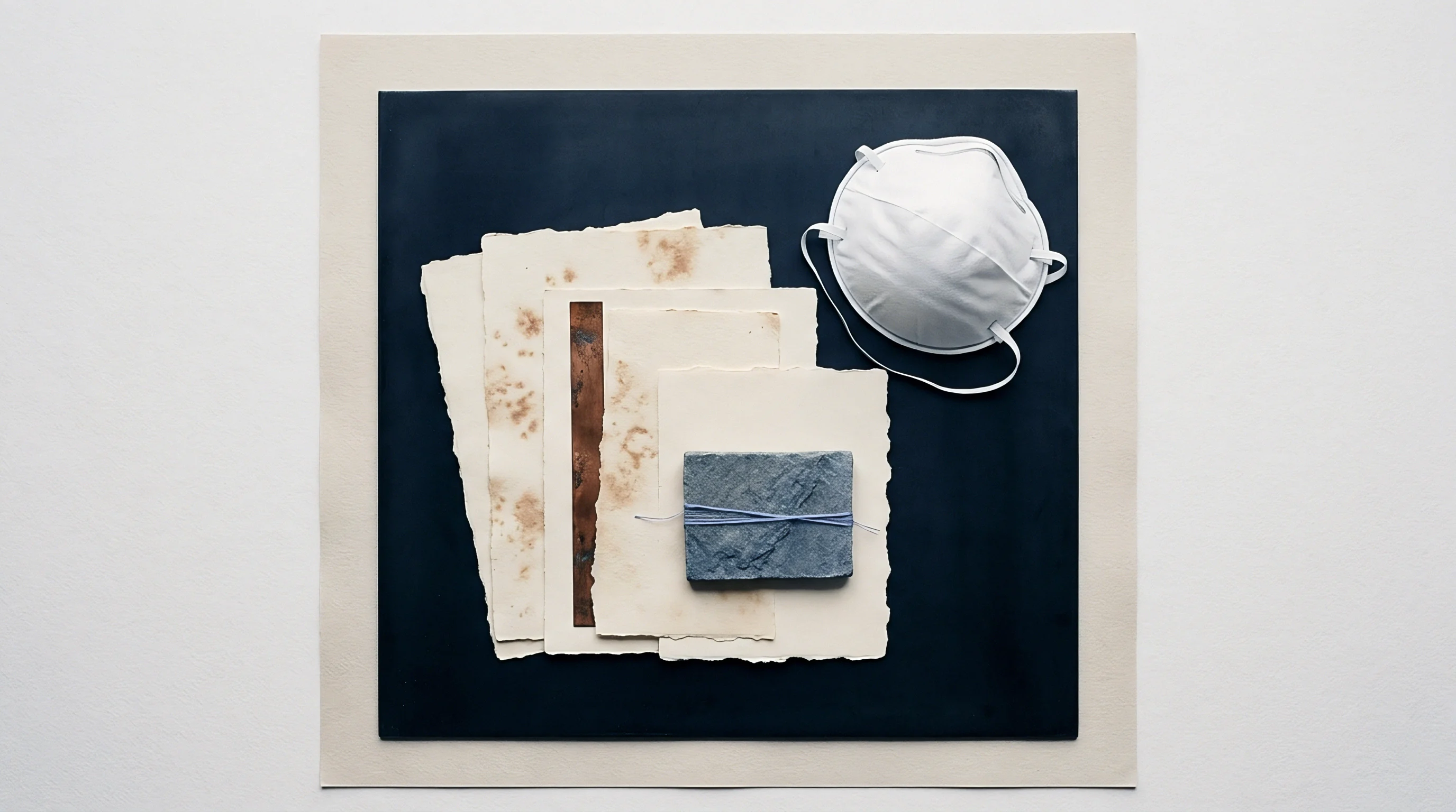 Stacked deckle edged paper sheets rest on a dark blue substrate beside a white respirator mask and a bound stone block.