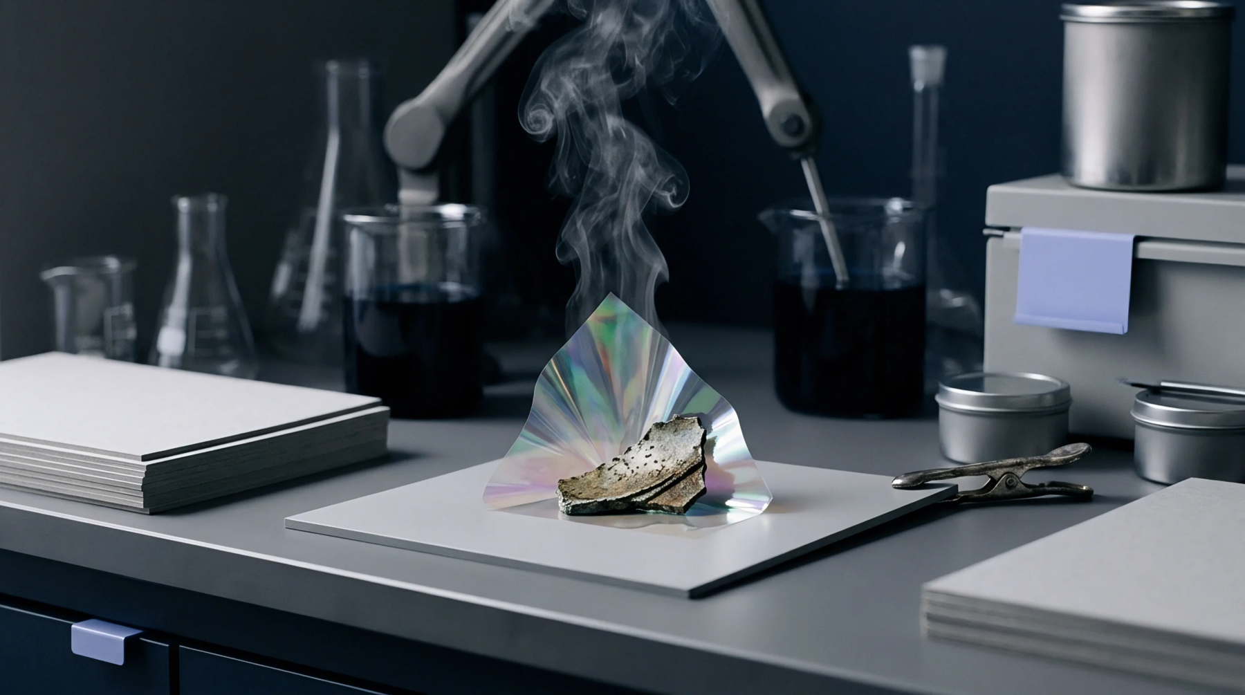 A digital render shows thermal degradation of a tested substrate resting on holographic barrier film inside a dark laboratory material research setting.