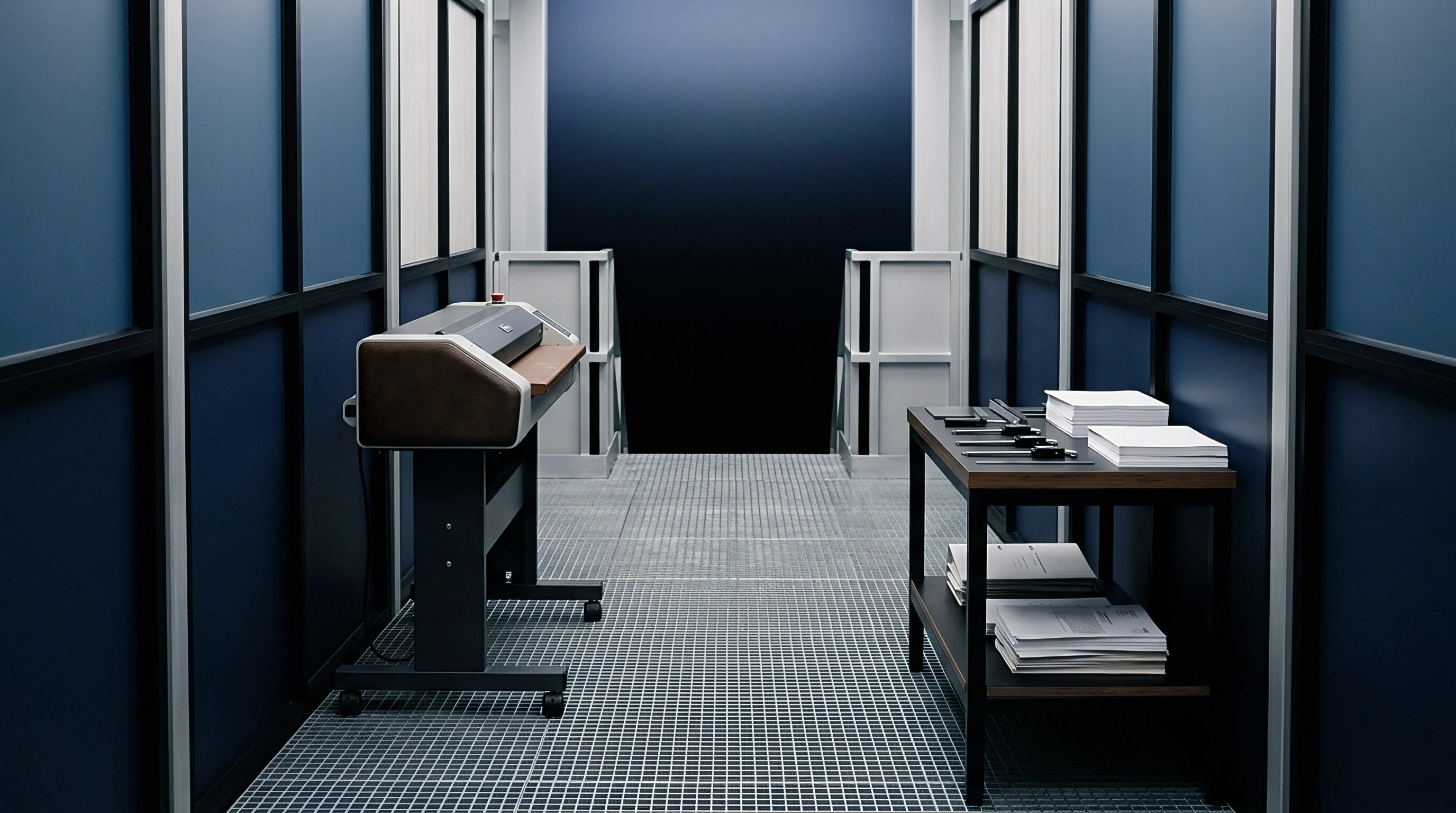 Digital render of a production corridor featuring a wide format printer on one side and a paper collation table on the other.