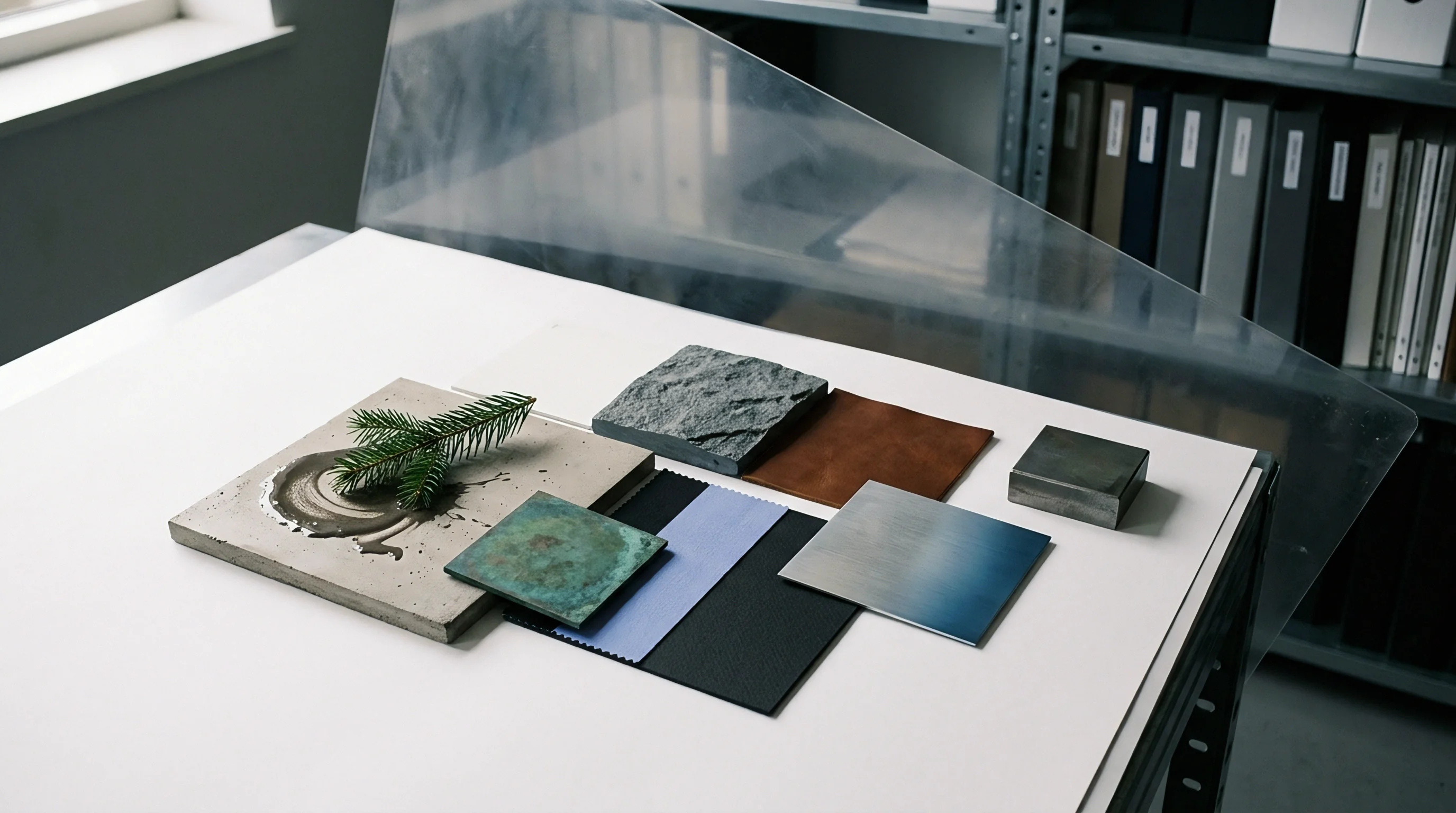 A collection of varied substrate swatches including concrete stone leather metal and fabric sits arranged upon a clean white table workspace.