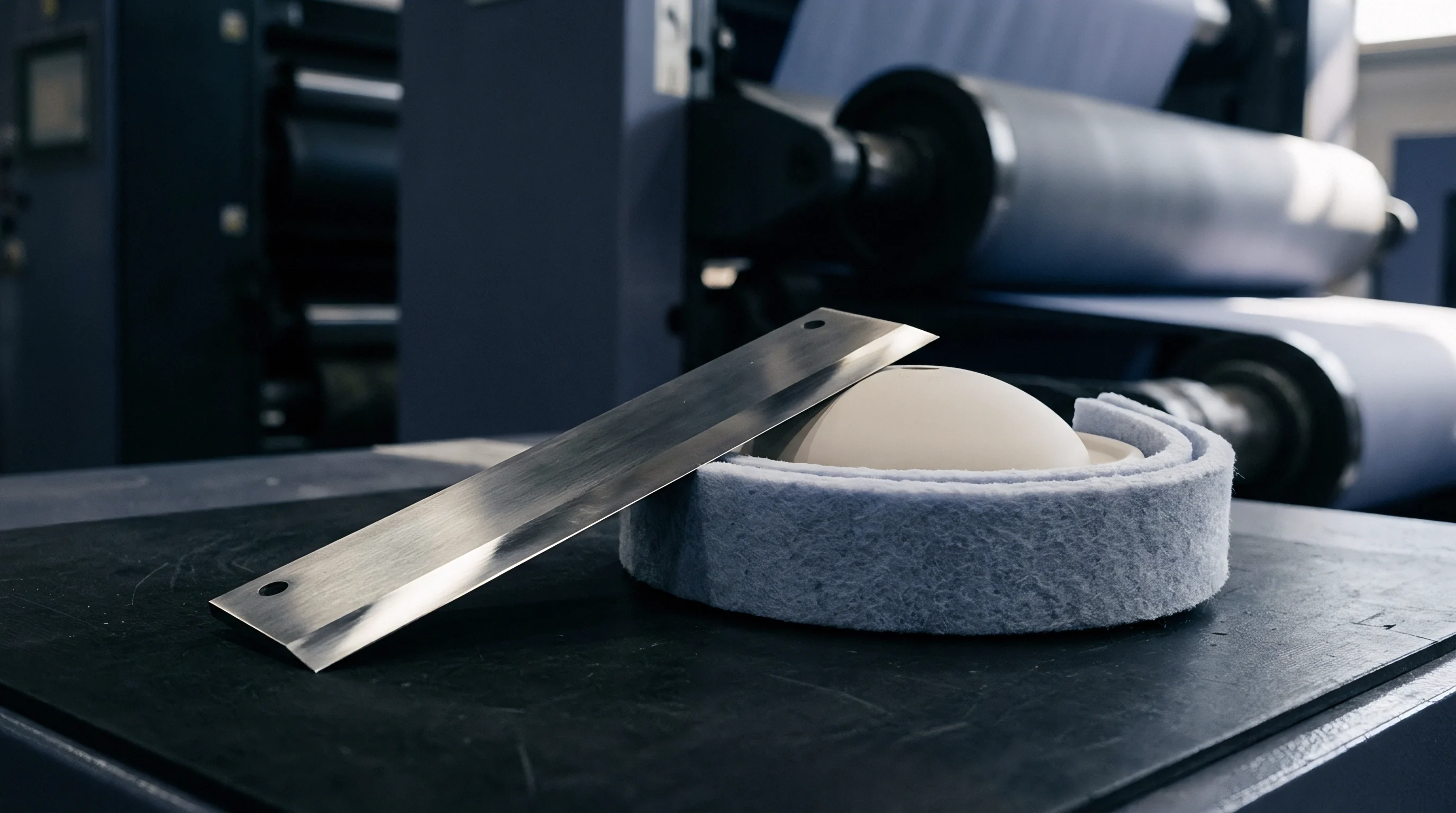 A precision steel doctor blade rests beside a felt seal assembly on a flat industrial press surface within a converting plant.