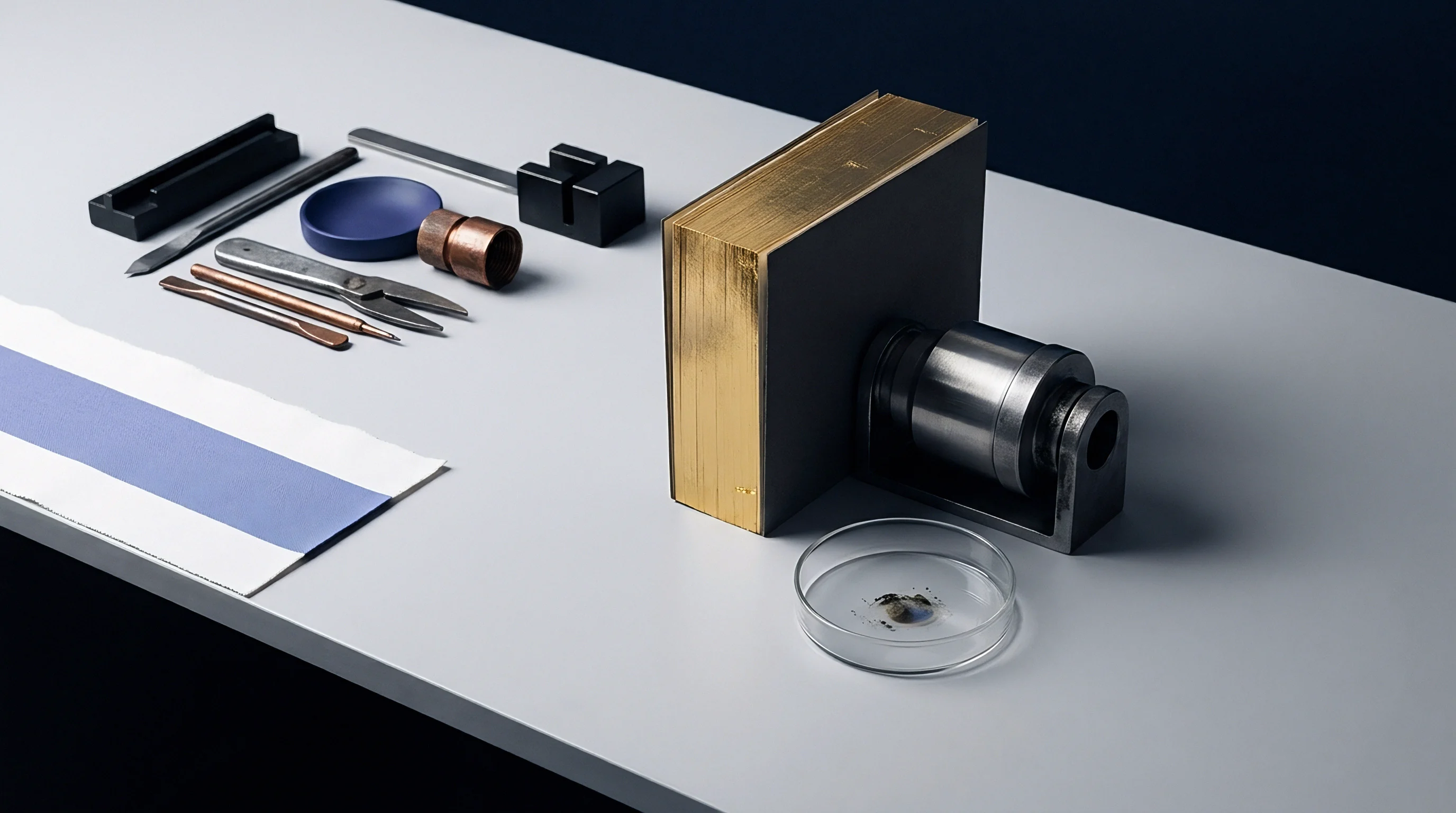 A gilded book is secured in a metal testing fixture next to various bookbinding tools and a sample dish on a grey workbench.