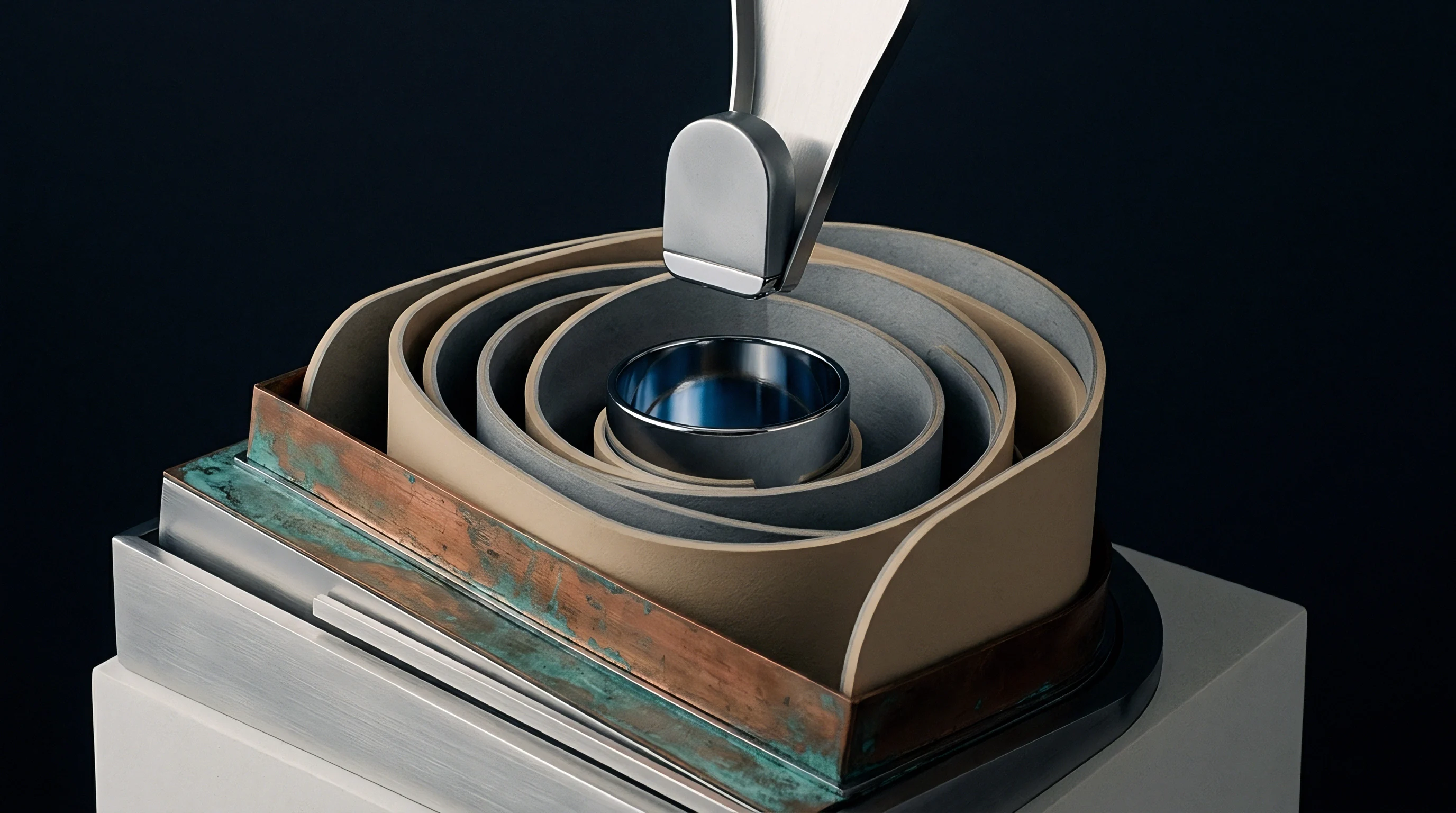 A precise layered assembly features concentric bands of composite, copper, and polished metal around a central metallic ring.