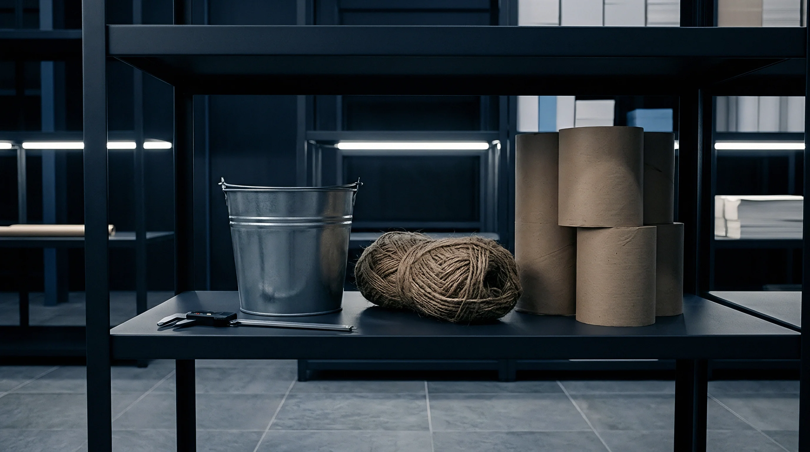 A metal pail, two balls of natural fiber twine, and a stack of paperboard tubes rest on a dark shelving unit.