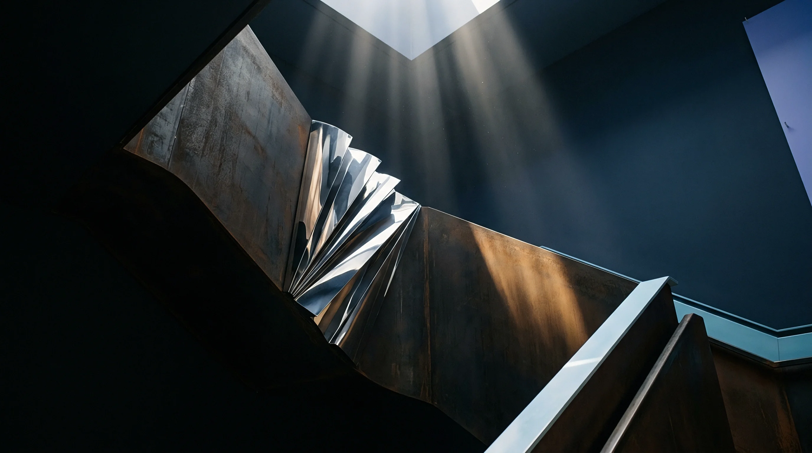 Industrial steel panels join a fan folded metallic structure within a concrete interior space beneath beams of light from a square aperture.