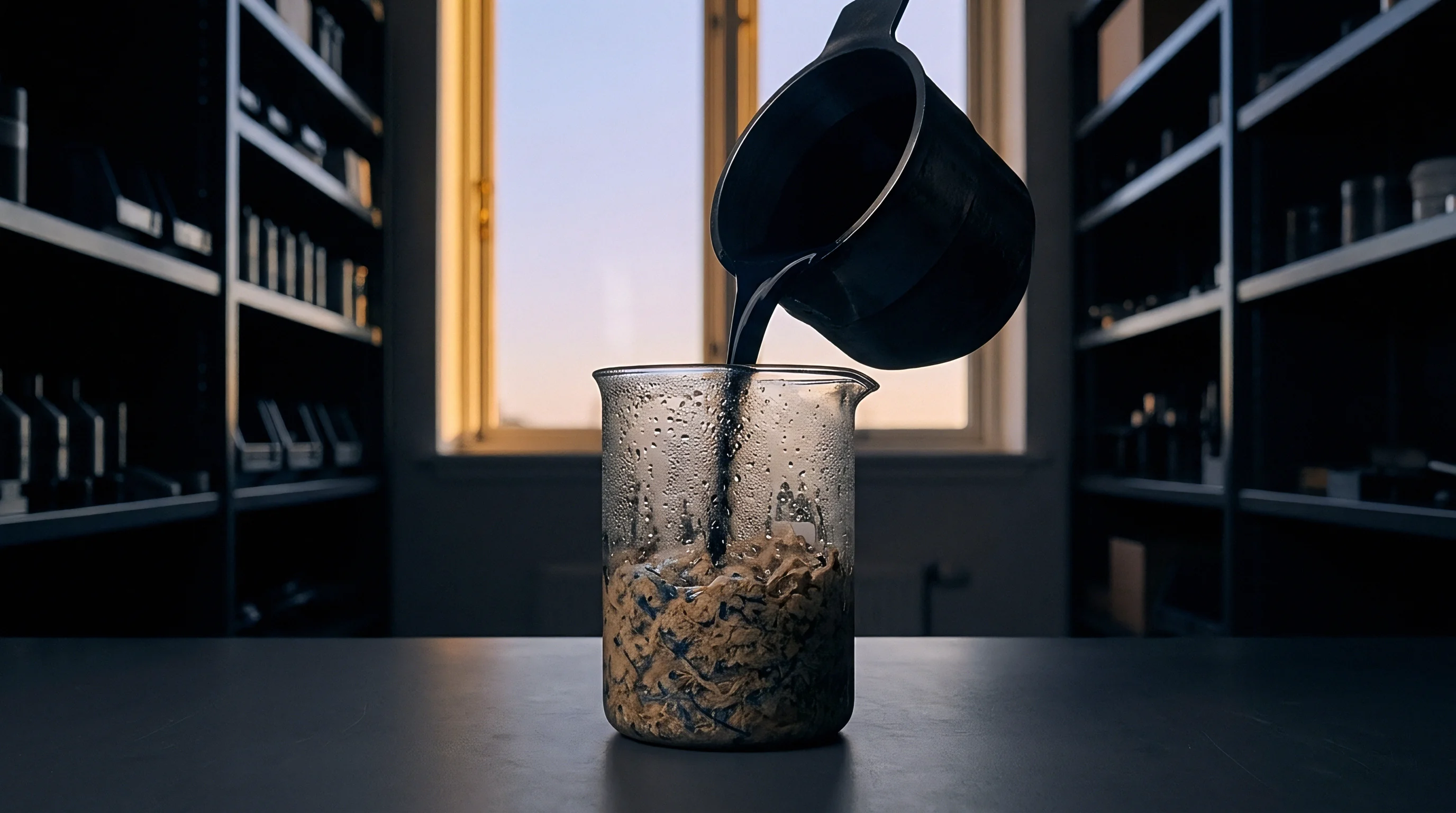 A dark liquid pours from a black beaker into a glass beaker containing fibrous paper pulp slurry within a laboratory setting.