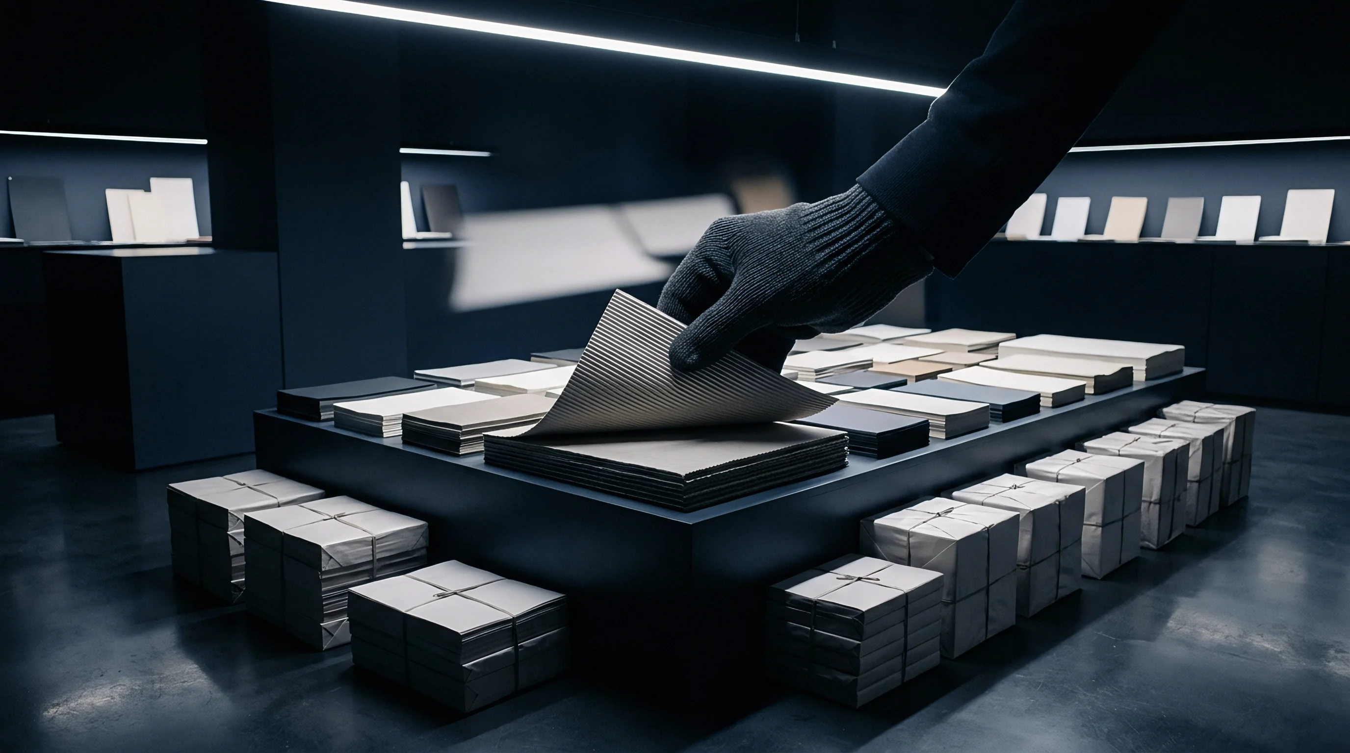 A gloved hand carefully selects a ribbed textured paper sample from a display of various substrate sheets in a darkened modern showroom.