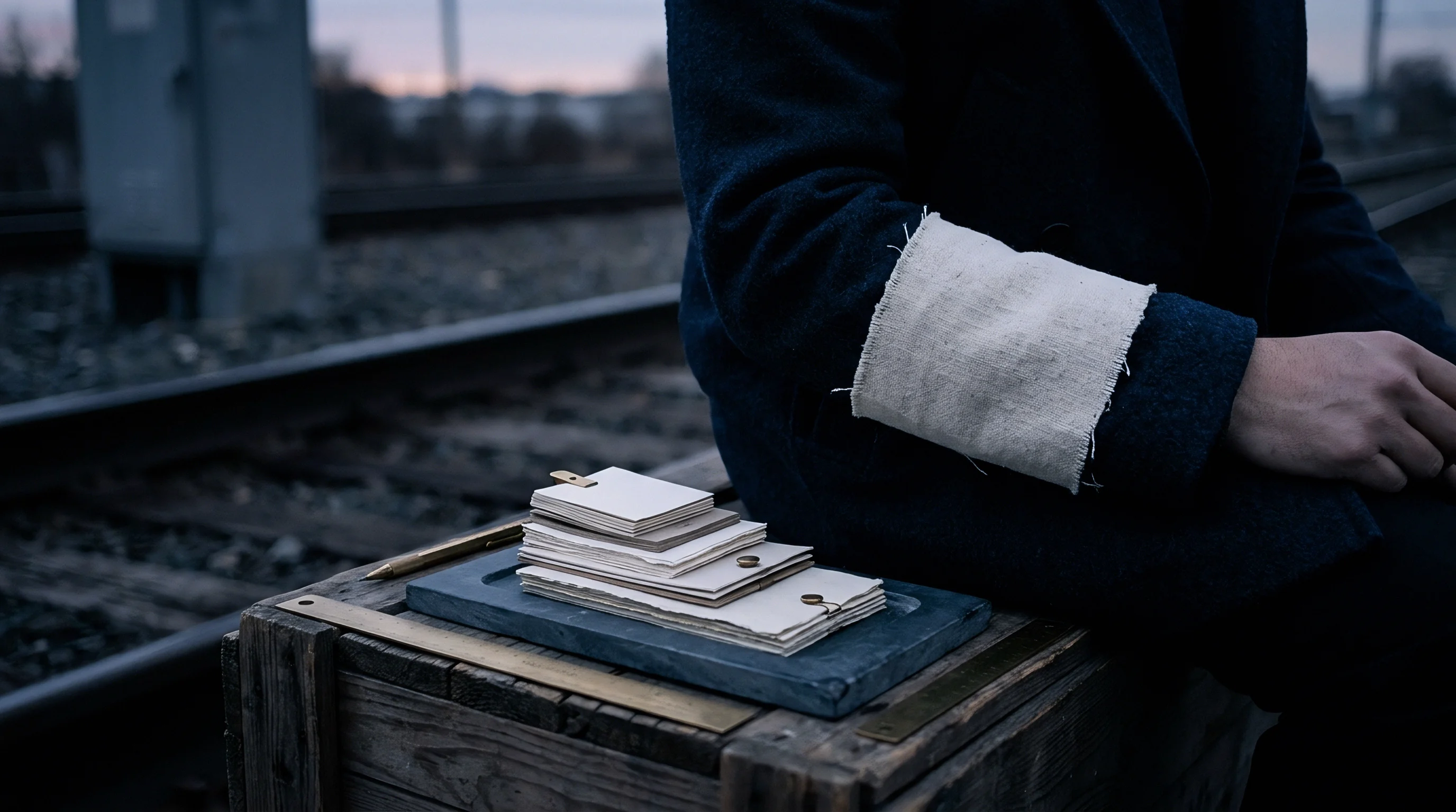 Thick rectangular sheets of textured artisanal card stock sit in graded sizes upon a stone tray beside a seated figure.