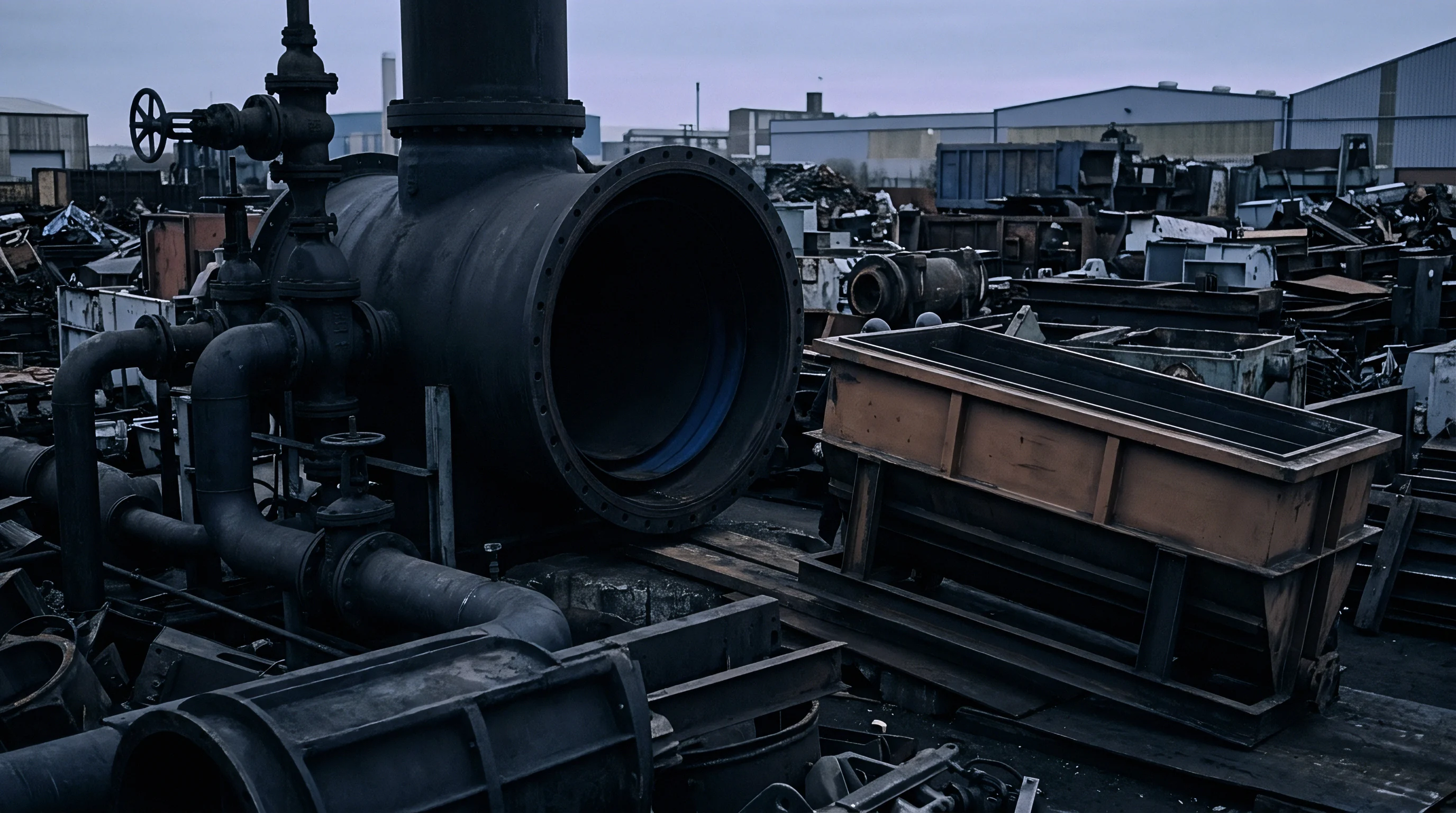 Decommissioned iron piping and heavy industrial machinery parts sit amidst a collection of discarded manufacturing equipment in a stark outdoor processing yard.