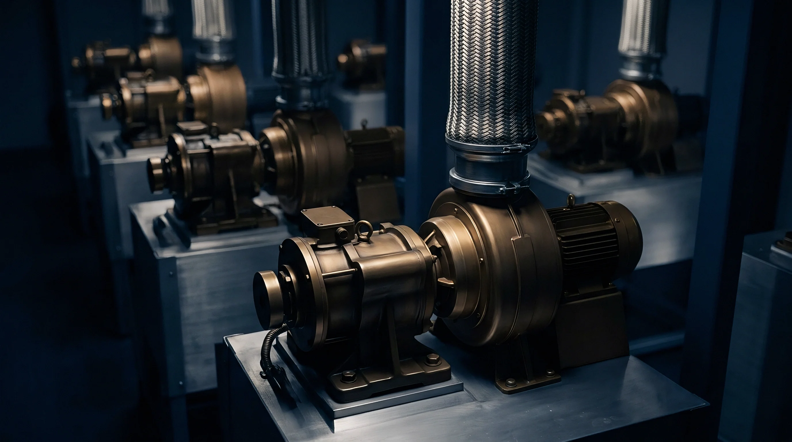 Heavy metal industrial pumps mounted on steel pedestals feed coating fluids through braided hoses within a blue lit production facility.