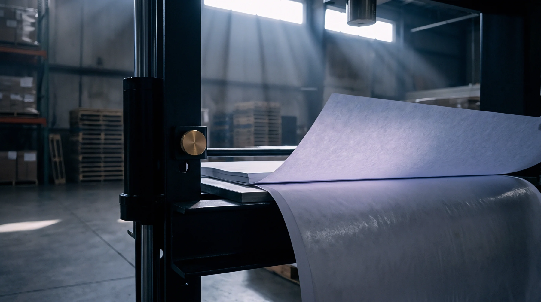 Large white substrate sheets pass through a heavy metal industrial press within a dimly lit production warehouse containing stacked wooden pallets.