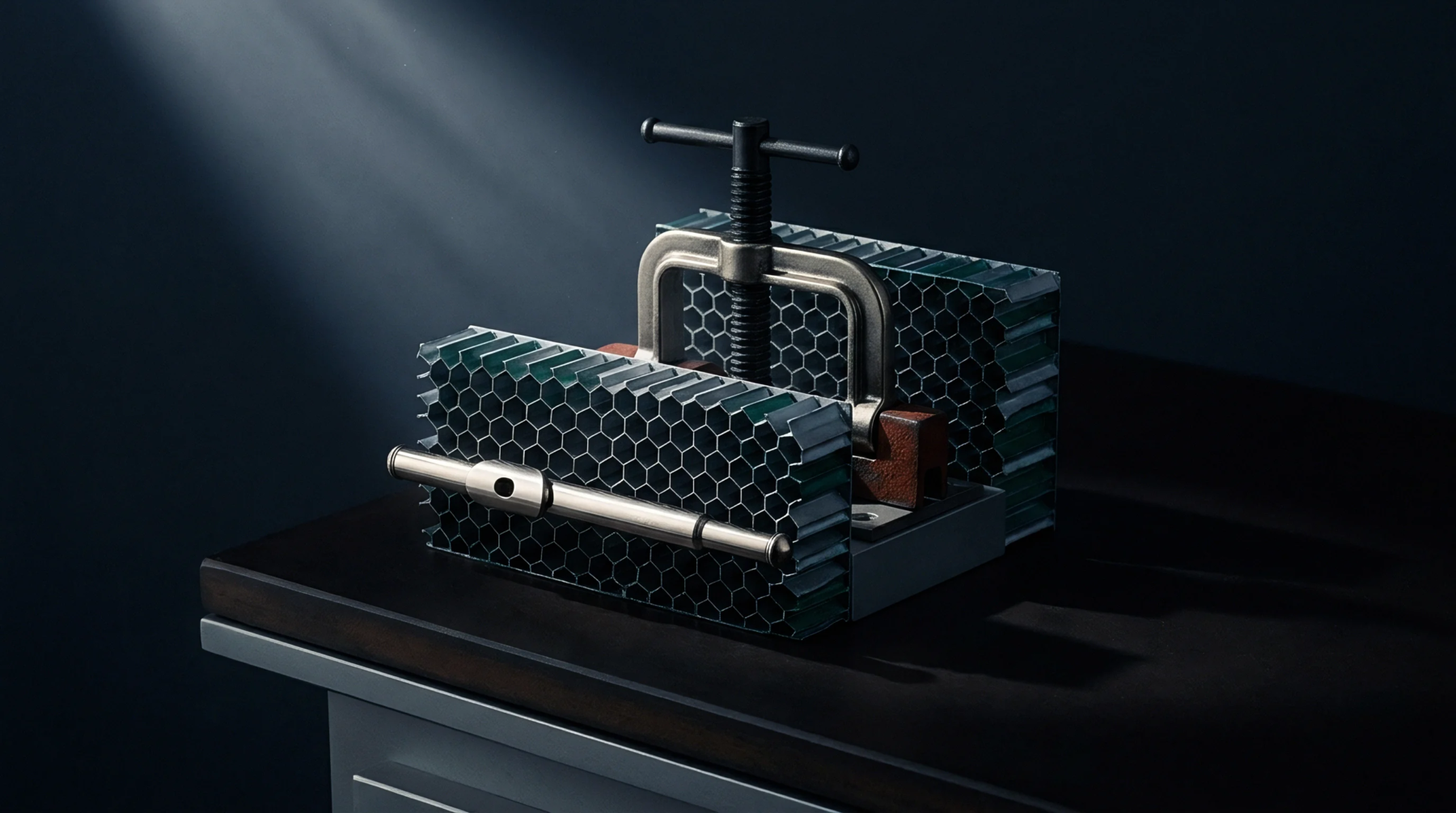 A C-clamp compresses a cellular honeycomb core, revealing its structural integrity as a substrate material on a dark testing surface.