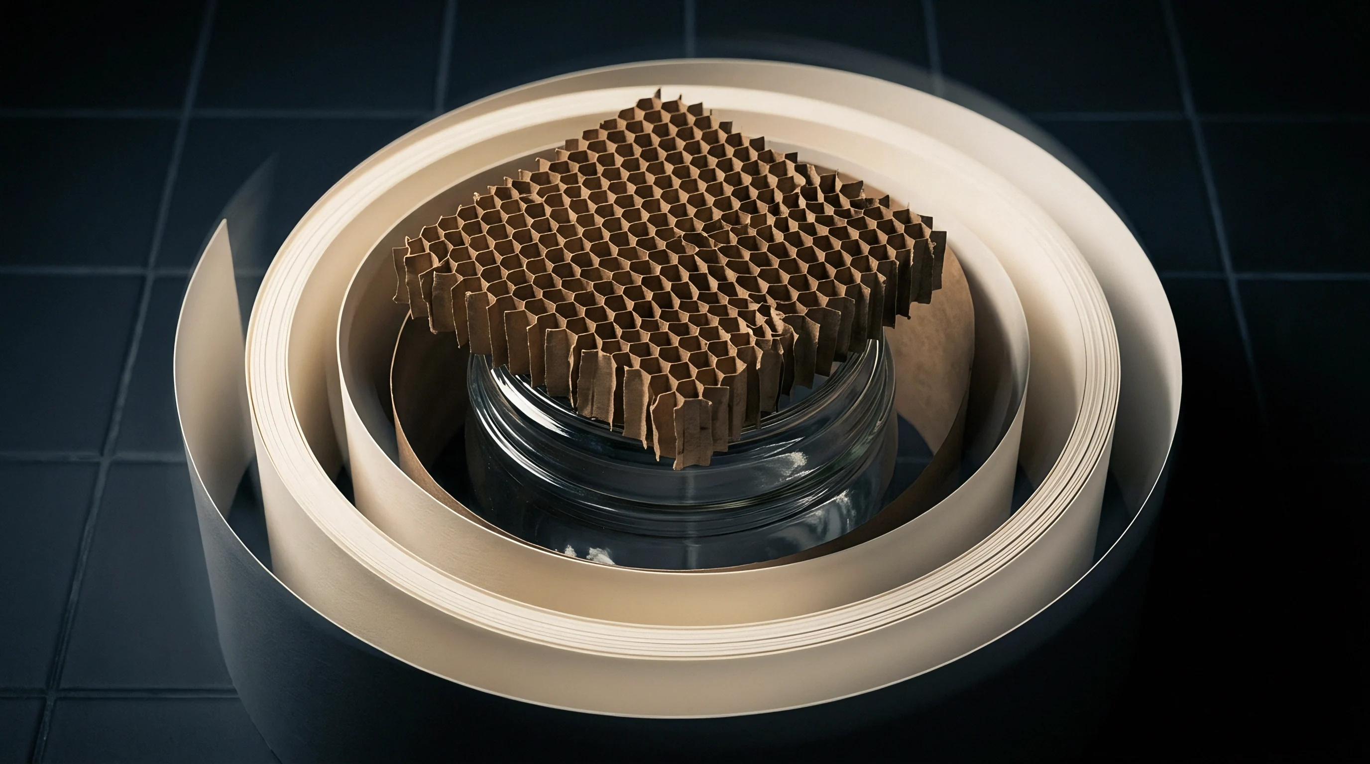 A square hexagonal honeycomb substrate section rests atop a glass jar surrounded by nested paper circles inside a digital render.