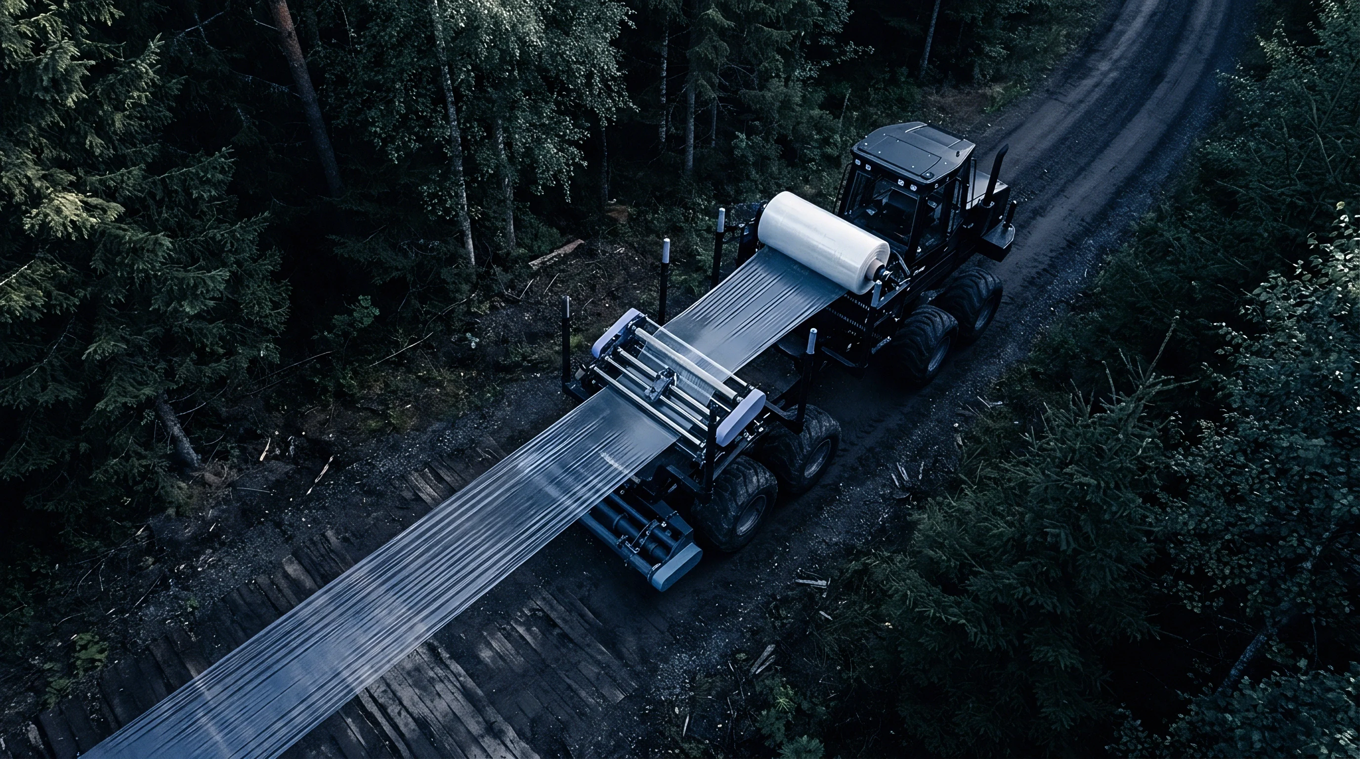 A wide film roll unwinds from heavy equipment onto a wooded track during mechanical material deployment and substrate application procedures.