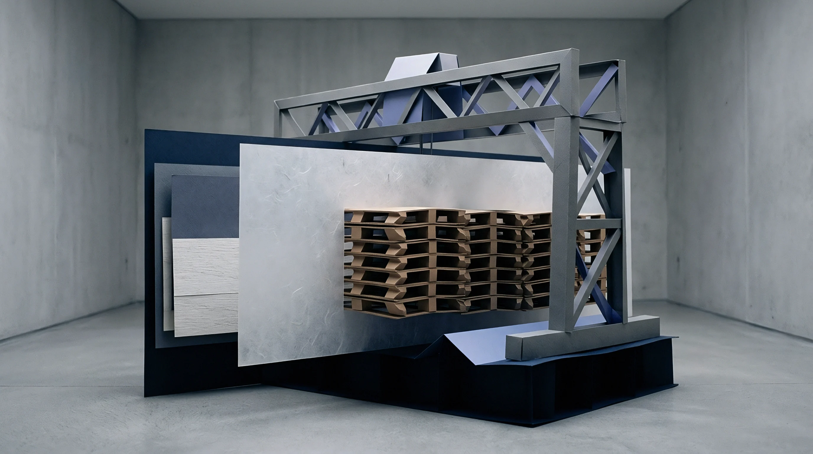 Stacked wooden pallets remain suspended beneath a gantry crane structure in this render which features layered sheets of various industrial material textures.
