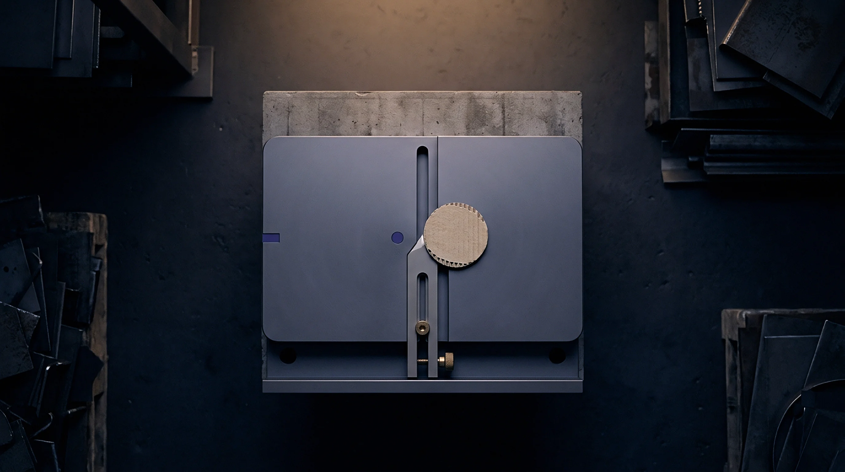 Precision circular sample cutter rests on a steel testing table beside a small corrugated fiberboard disc within a dimly lit industrial facility.