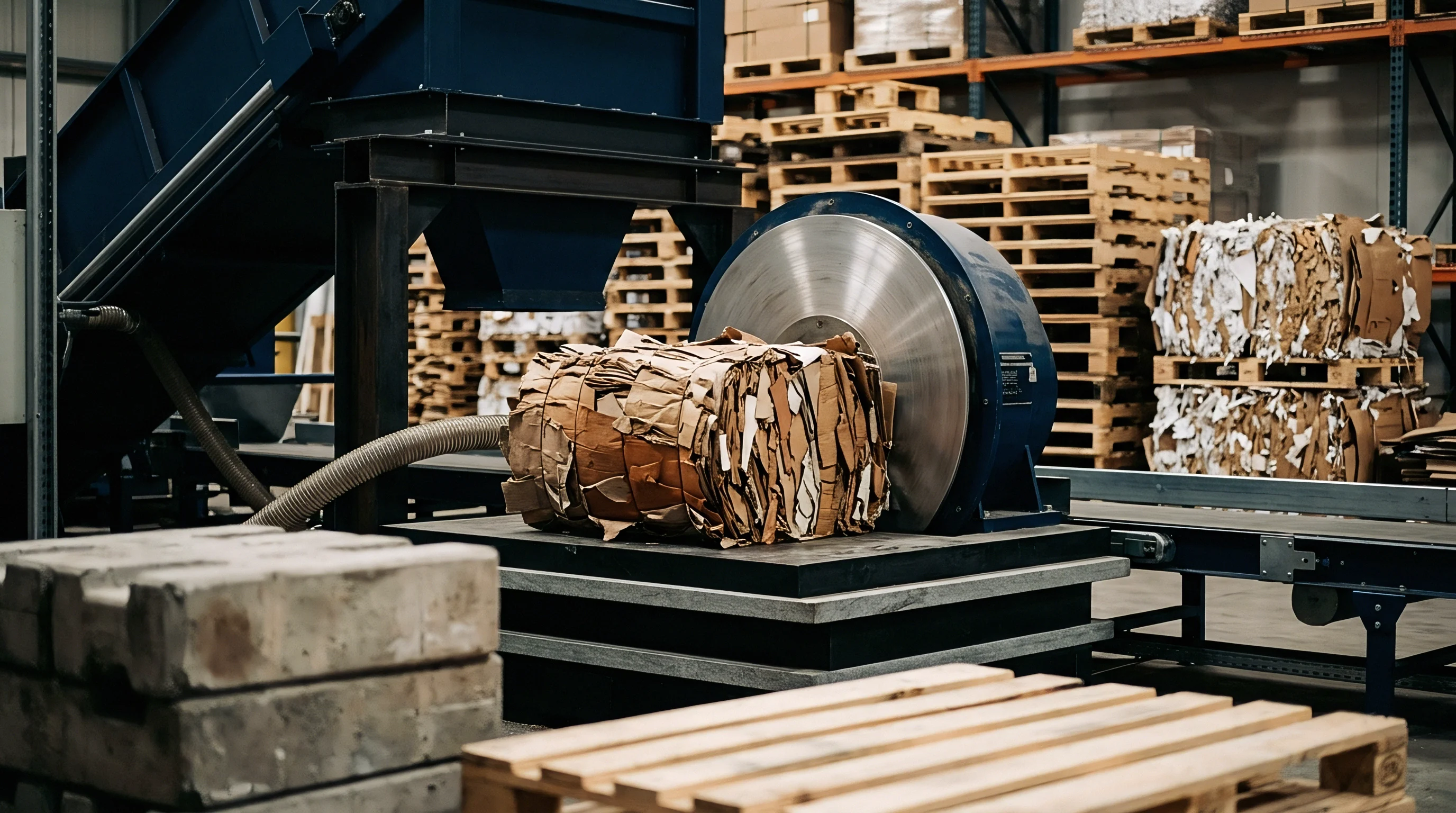 Heavy industrial machinery compresses corrugated waste cardboard into dense rectangular bales positioned beside wooden pallets inside a commercial recycling warehouse.