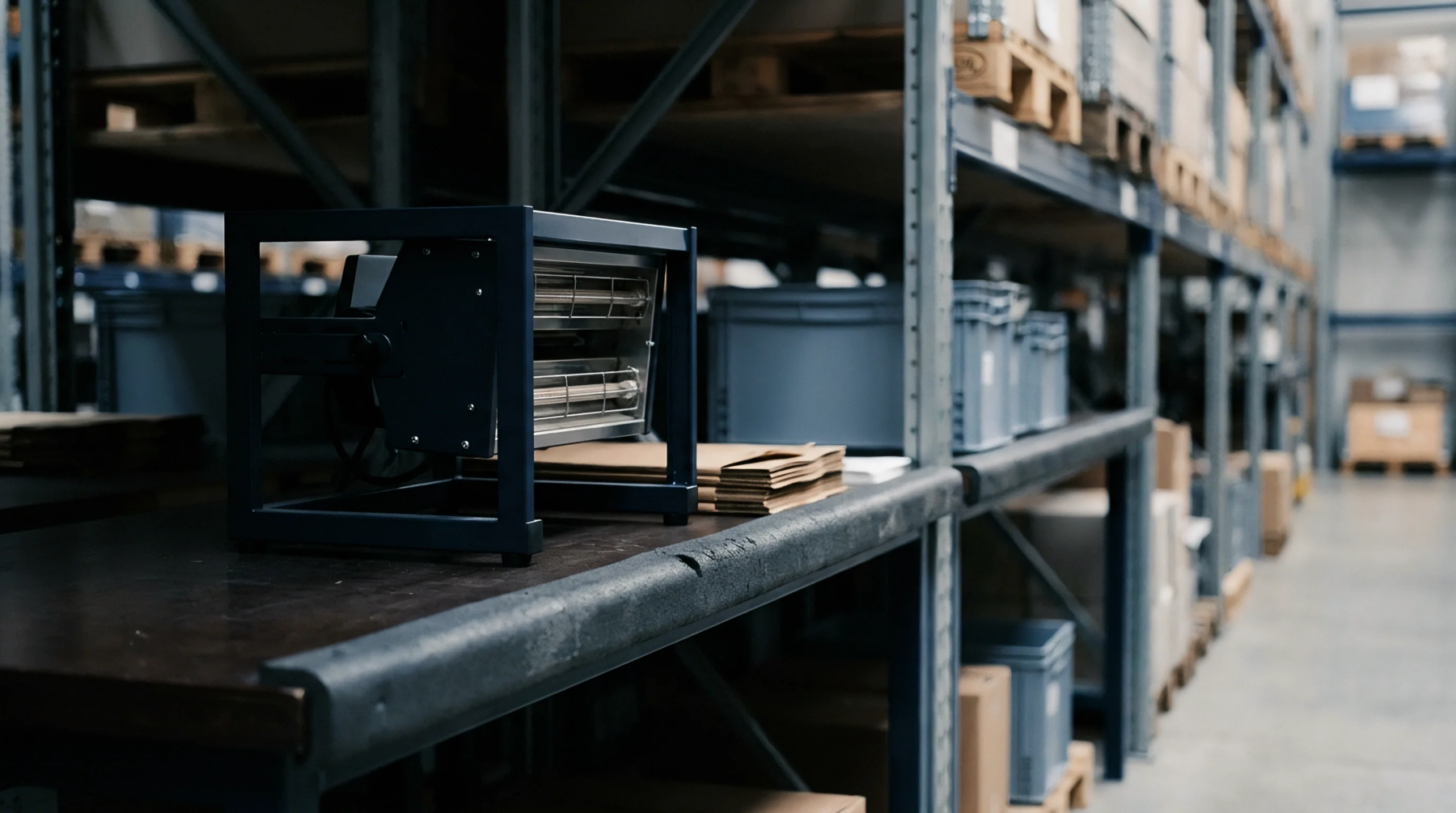 A dual bulb infrared drying lamp rests on a workstation shelf beside flat paperboard bundles inside a large scale conversion facility.