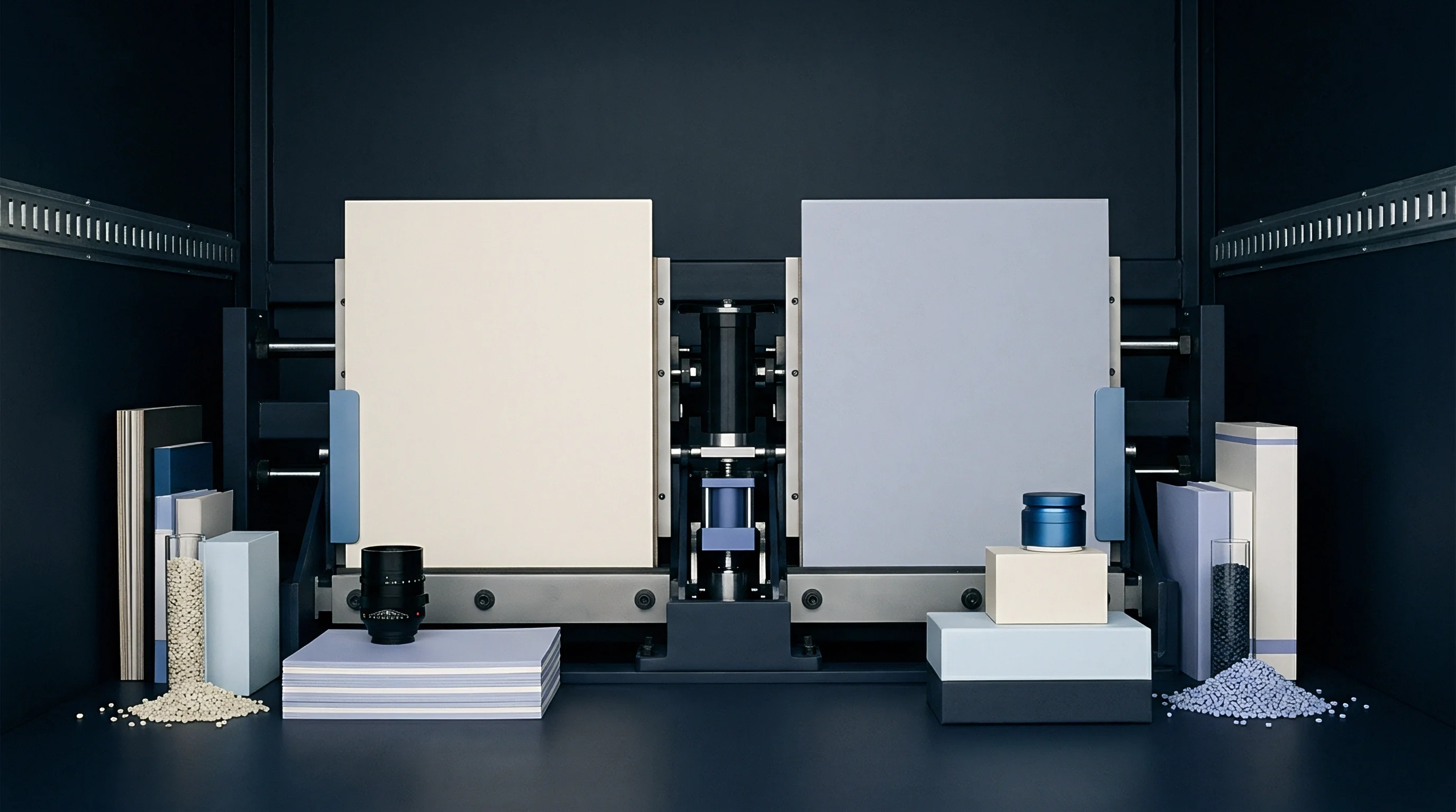 Two blank substrates stand between testing apparatus alongside piles of polymer resin pellets and stacked sheet goods.