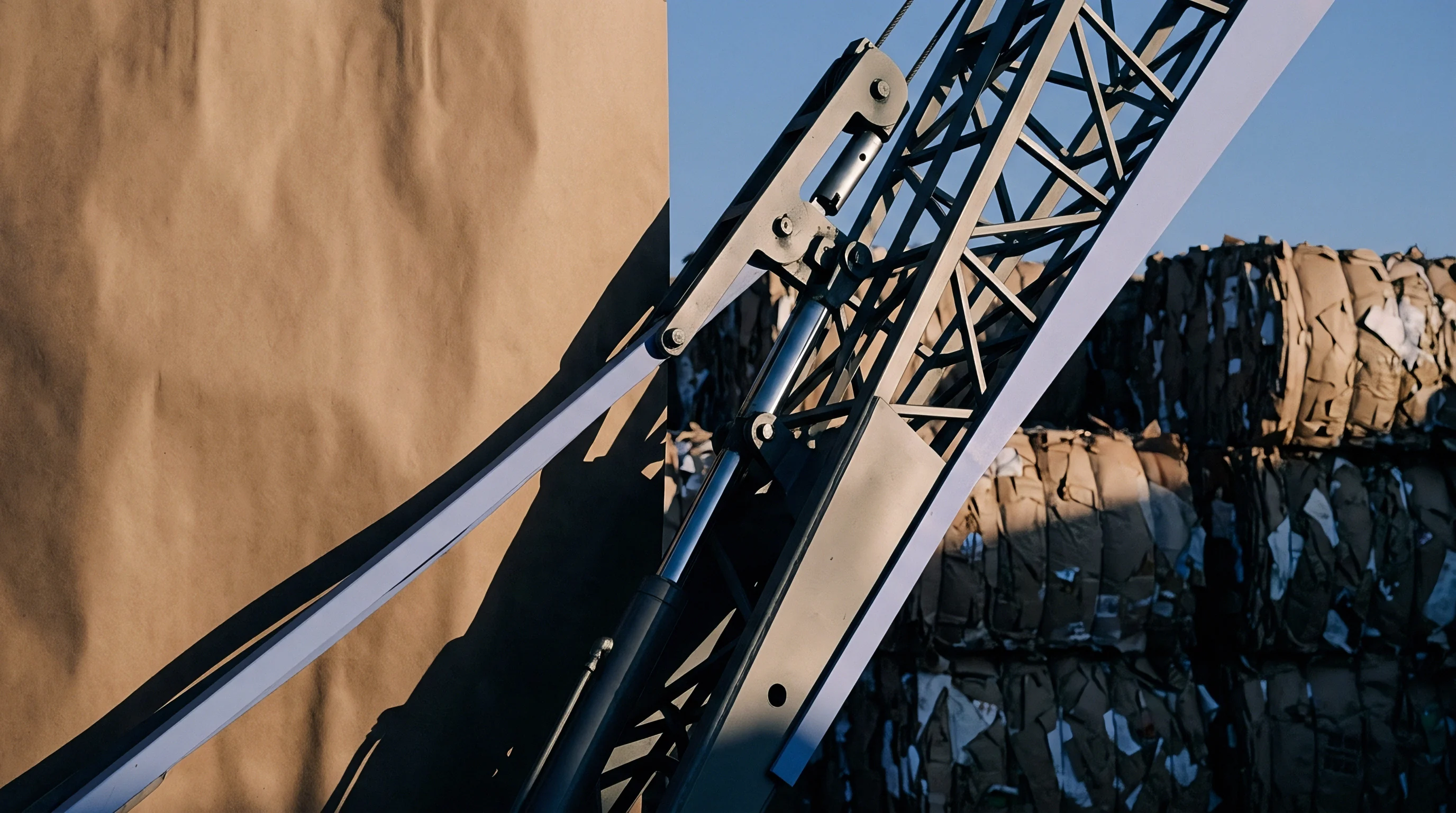 A mechanical arm interacts with compressed bales of recycled cardboard material, set against a large sheet of brown paper under a clear sky.