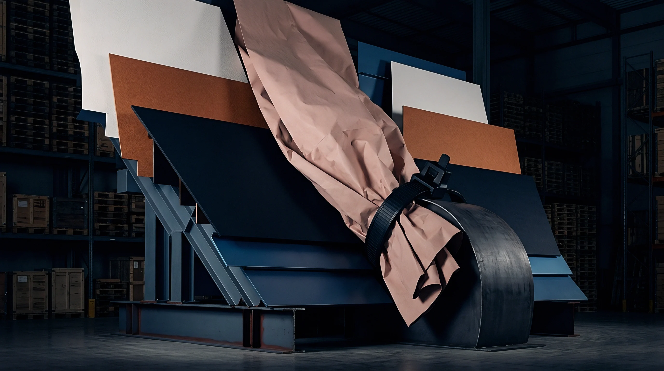 Sheets of paperboard and synthetic substrates stand stacked in a warehouse facility while a heavy clamp secures a large portion of brown packaging material.
