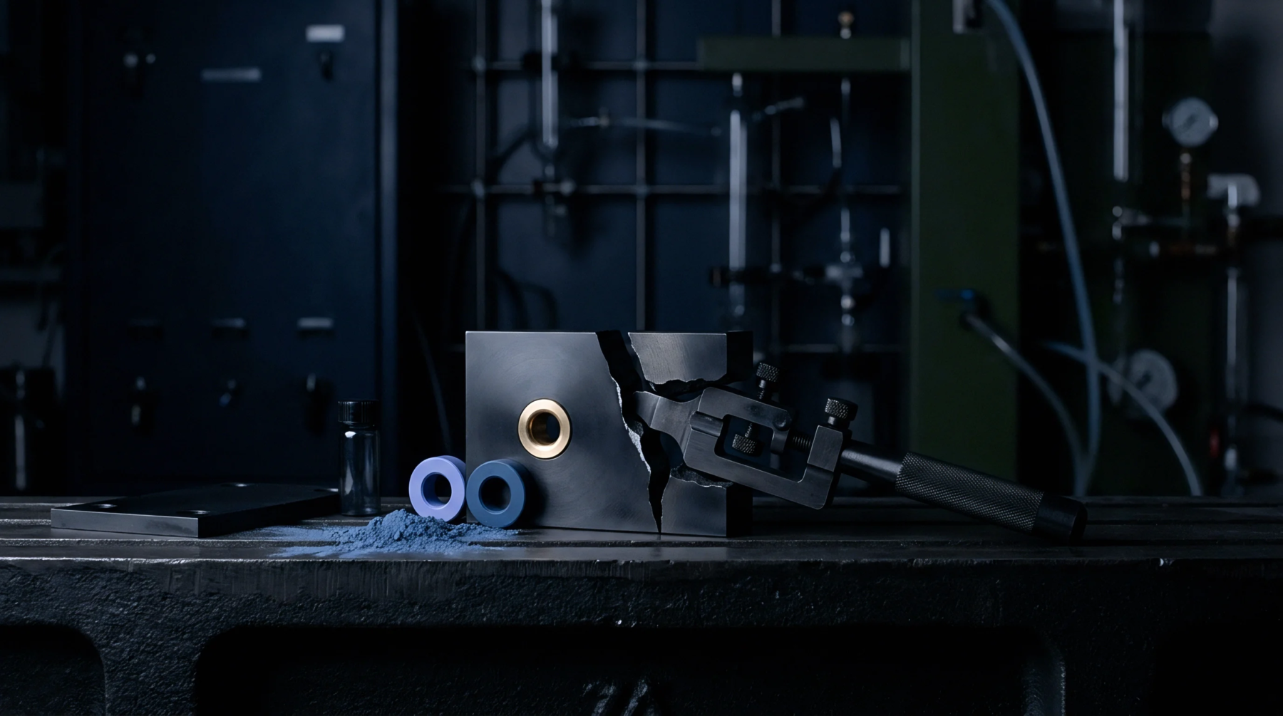 A cracked material block with a metallic insert, a processing tool, blue powder, and sample rings sit on an industrial workbench.