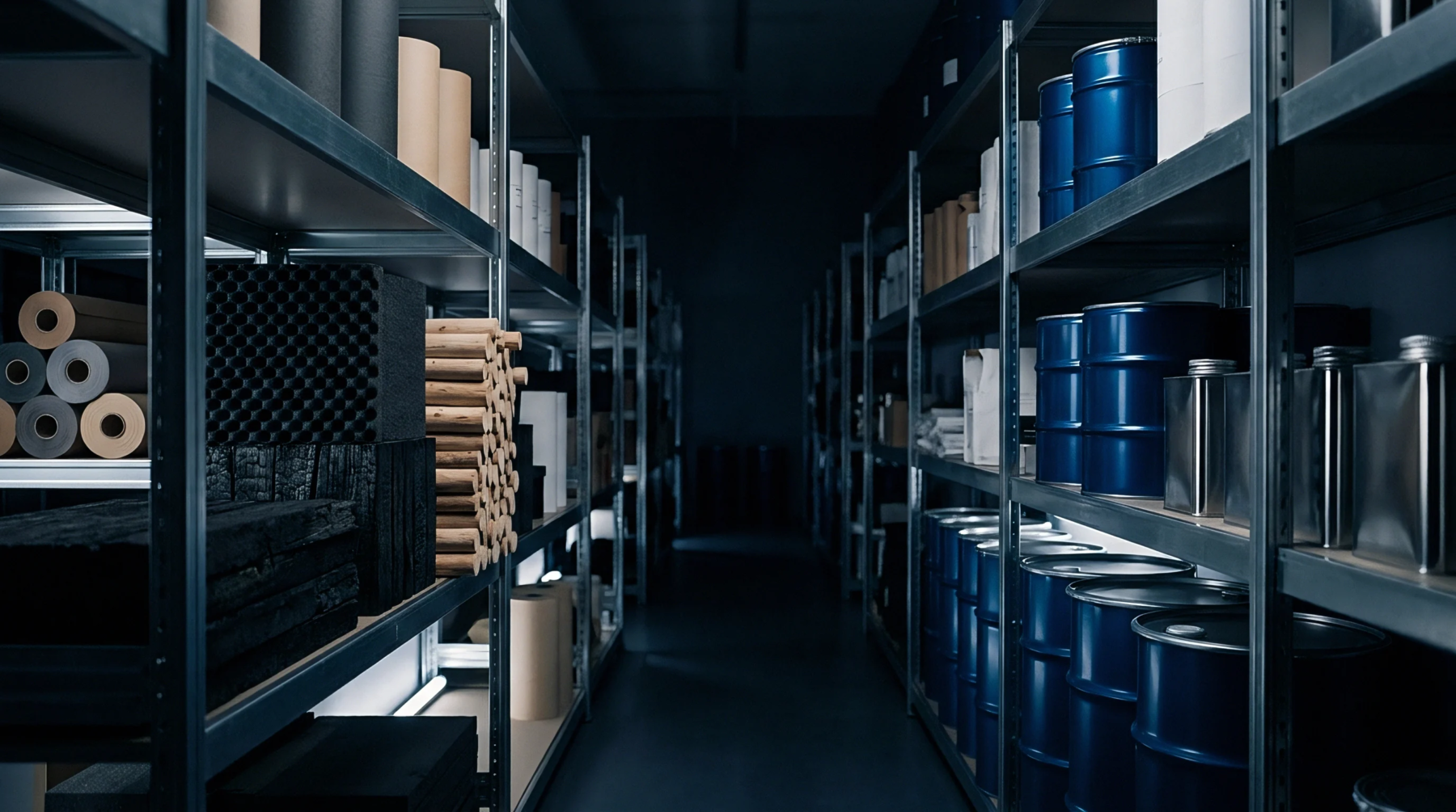 Steel shelving units line a dark warehouse aisle, holding rolls of paper substrates, foam blocks, dowels, blue drums, and metal canisters.