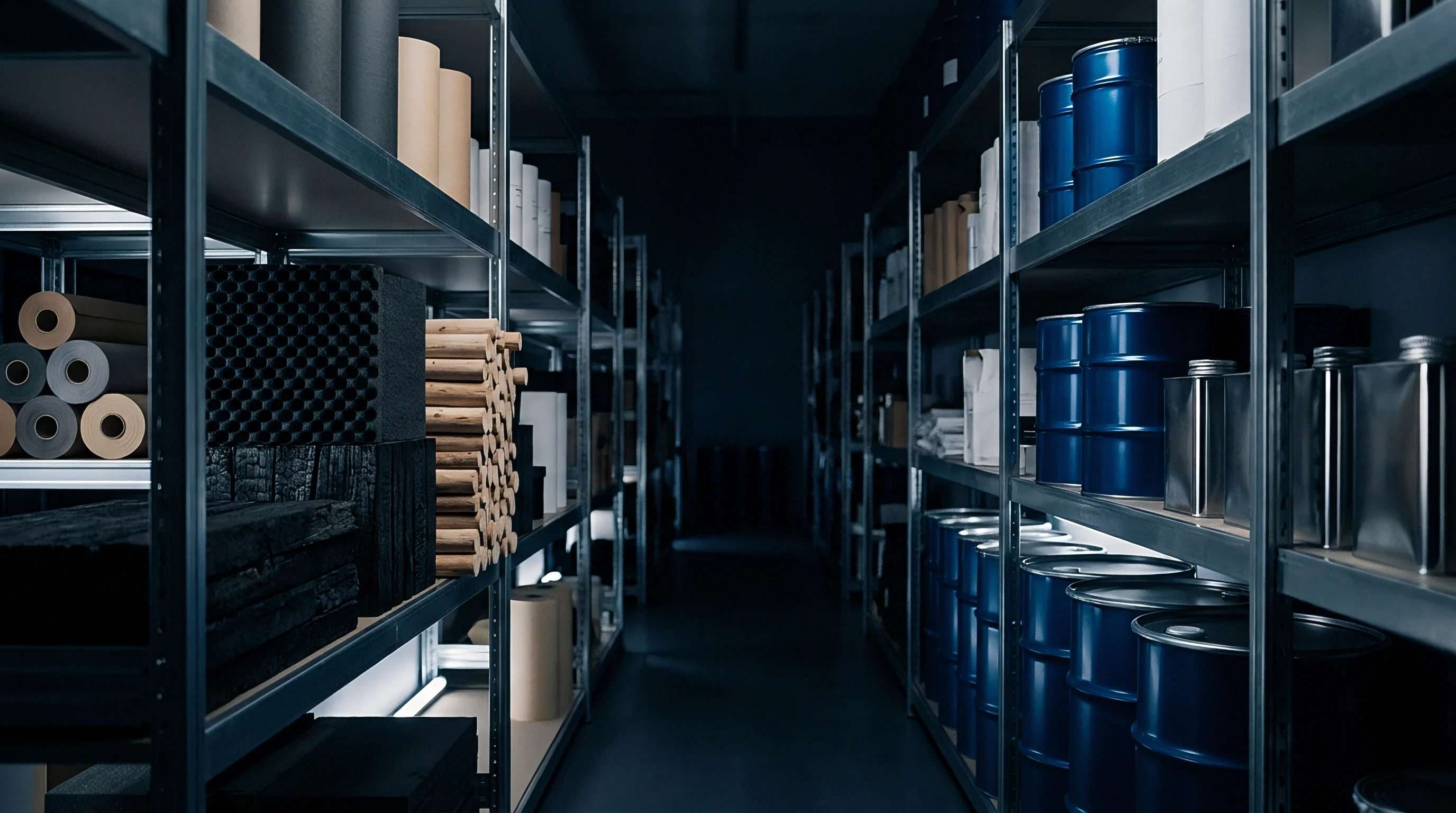 Steel shelving units line a dark warehouse aisle, holding rolls of paper substrates, foam blocks, dowels, blue drums, and metal canisters.