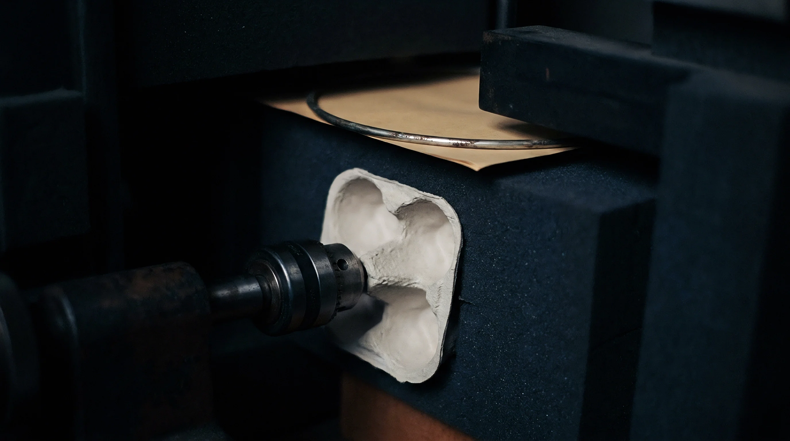 An automated mechanical chuck engages a preformed light gray molded pulp section inside a specialized industrial mounting station for material testing.
