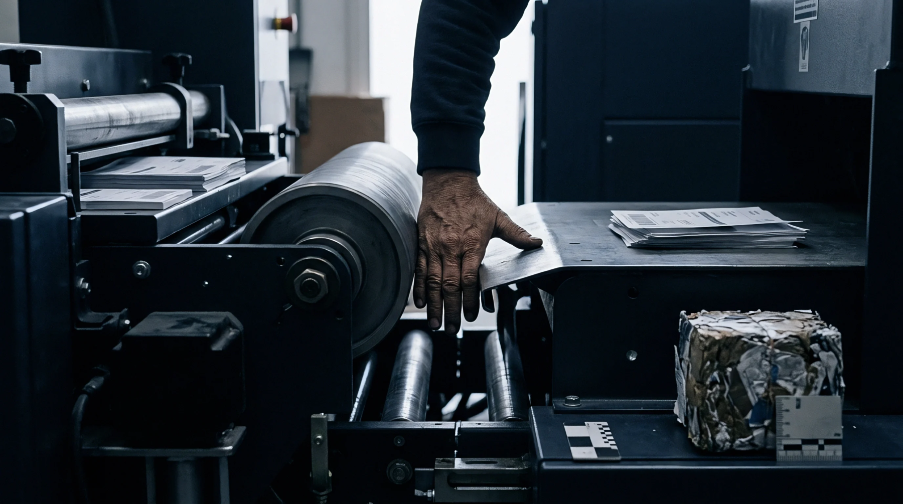 Operator hand guides paper substrate stock through heavy steel industrial converting rollers within a production facility floor setting.